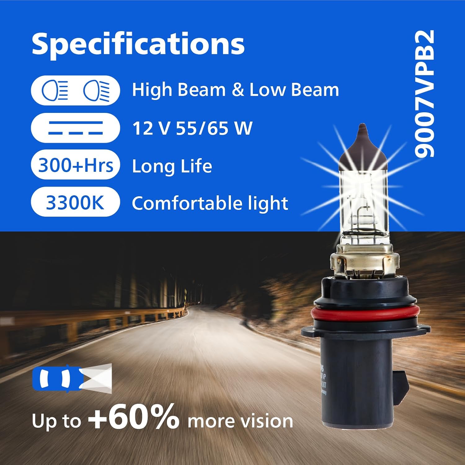 Philips Automotive Lighting 9007 VisionPlus Deluxe Upgrade Automotive Replacement Headlight Bulb, Fits Select High Beam, Low Beam, or Fog Positions (Pack of 2)