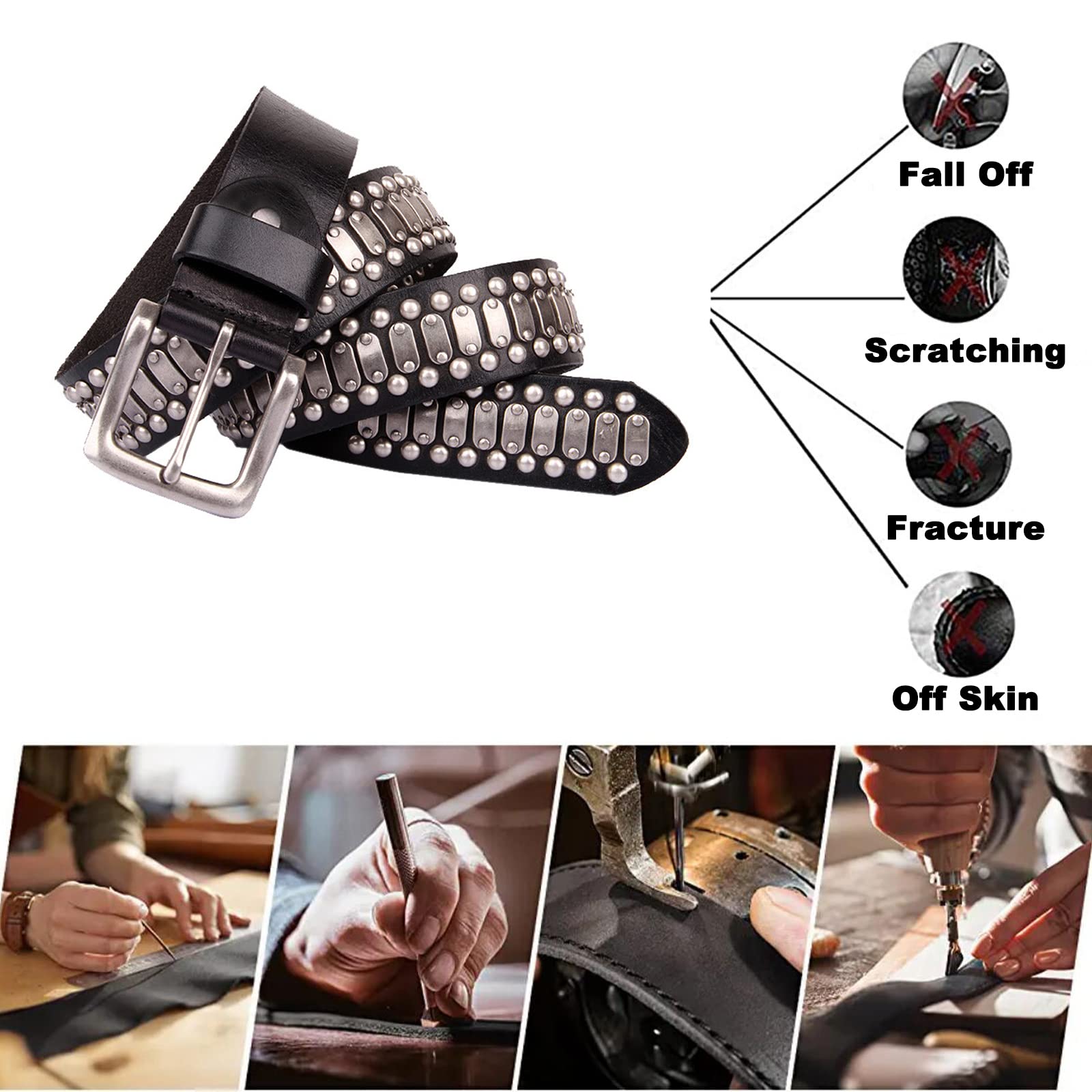 YOPADO Punk Rock 3 Row Studded Belt 105-125cm Length Metal Silver Rivet in Circular Hip Hop Belts for Great for Jeans Pants(105cm/waist:34