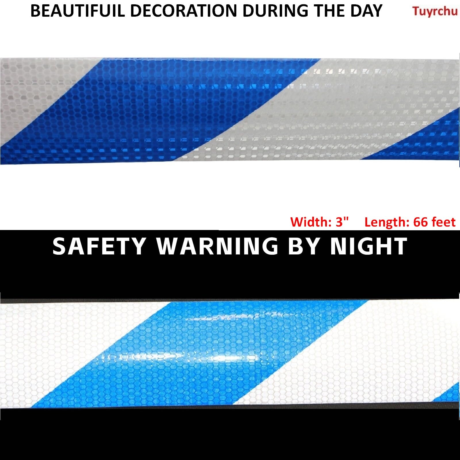 Cinta reflectante azul y blanca de 7,6 cm de ancho para automóvil, para exteriores, impermeable, de alta visibilidad, tiras adhesivas de advertencia de seguridad (66 pies)