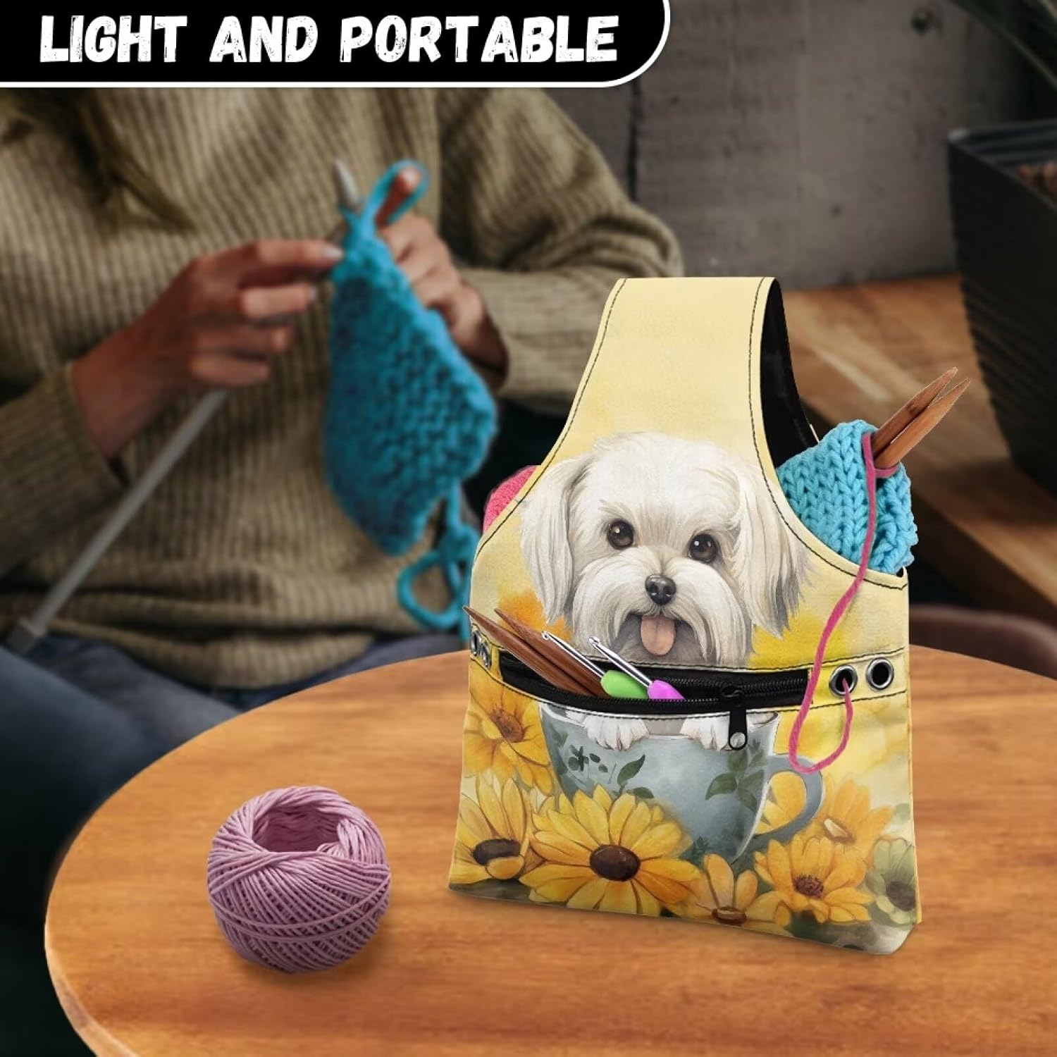 doginthehole Small Yarn Bag Waterproof Canvas Tote Crochet Bag Organizer, Cute Sunflowers Dog Yarn Storage Knitting Bag for Crocheting, Portable Travel Crochet Bags and Totes for Crochet Accessories image 5
