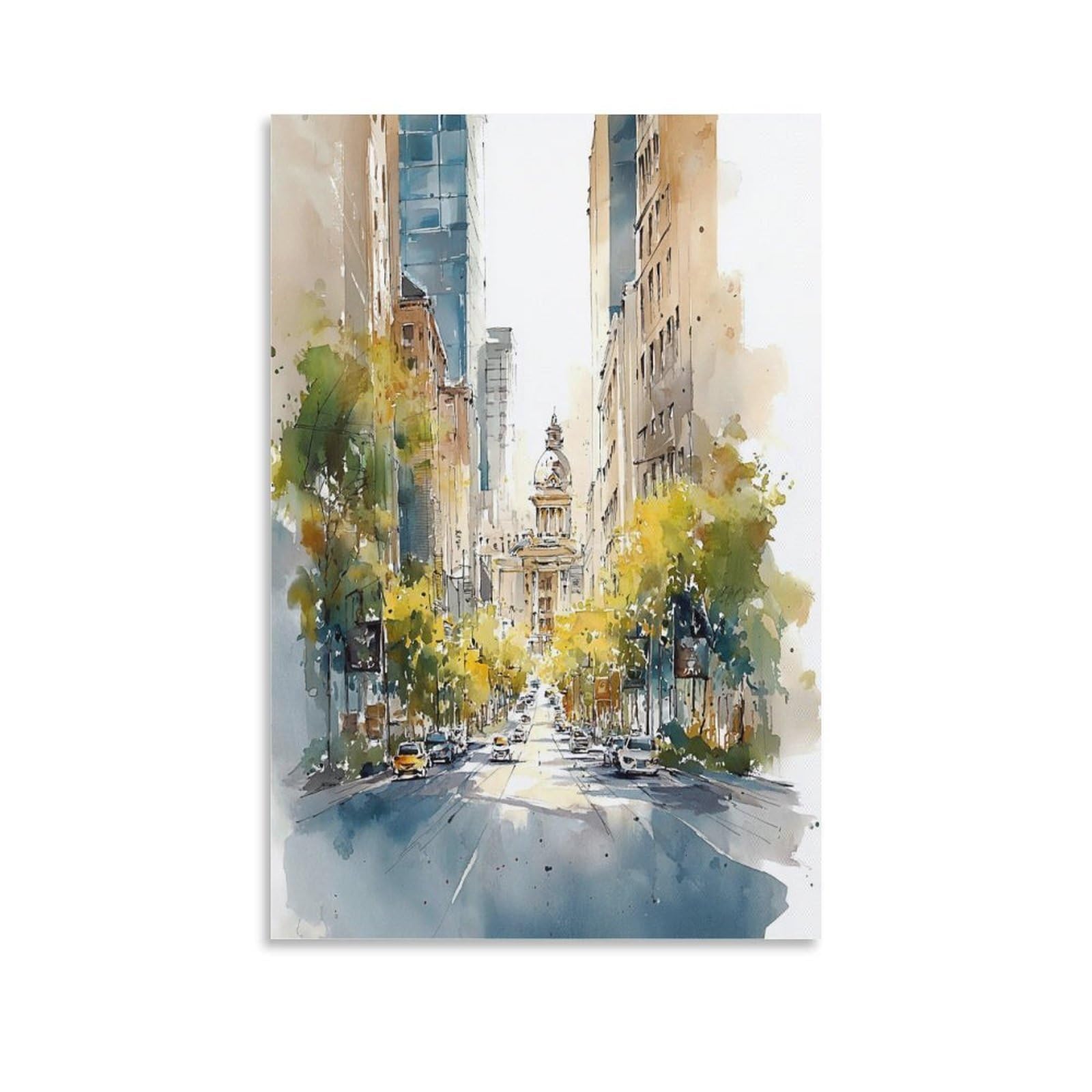 Cnaheiz Unframe-Style Texas Cityscape Watercolor Painting_ Traditional Style Wall Art 24X36inch(60X90cm) Vintage Watercolor Canvas Art