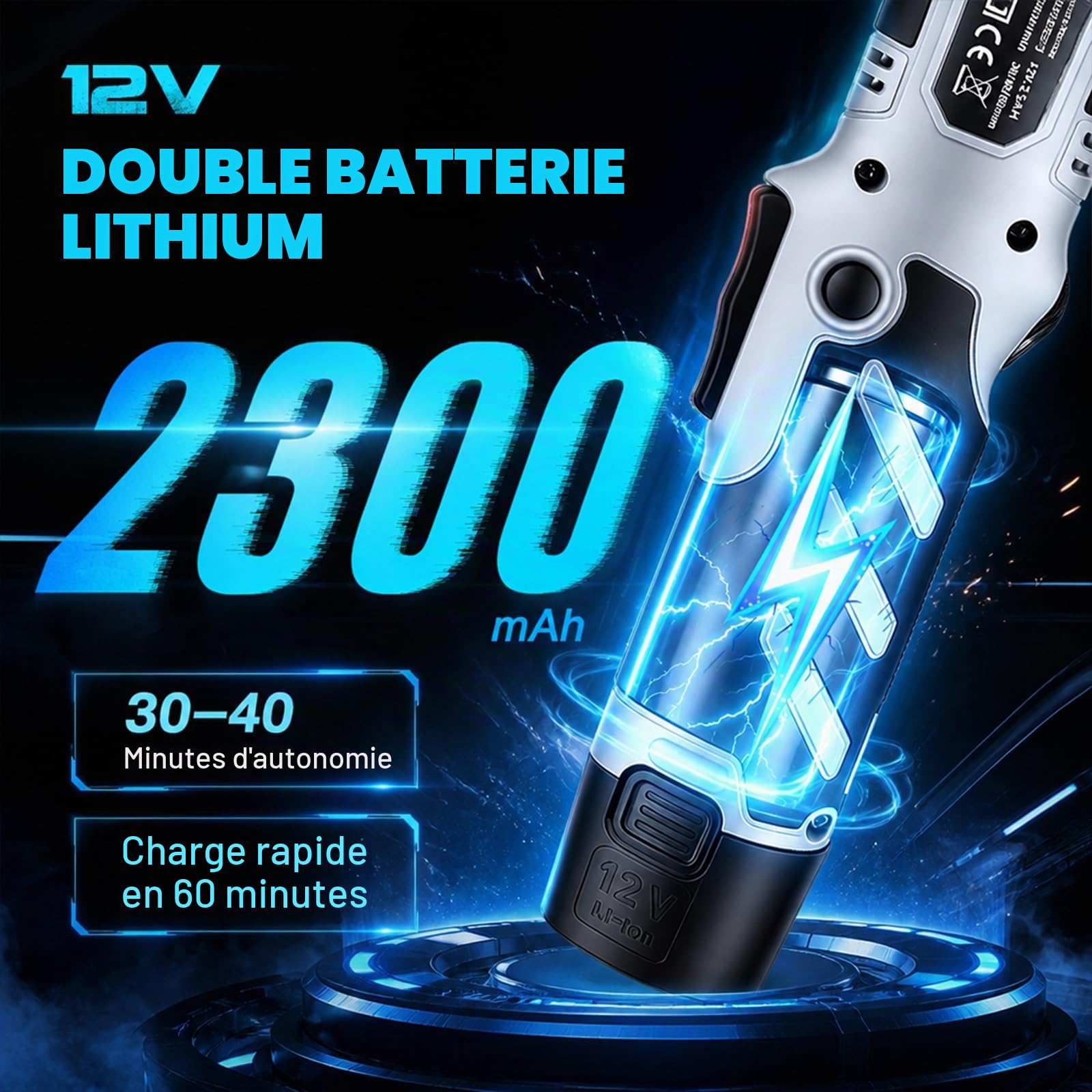 Polisseuse sans fil, 6 vitesses 2500–6500 tr/min, mode orbital 5/12mm et rotatif, 2 batteries 12V, Lustreuse voiture pour polissage, cirage et réparation de rayures