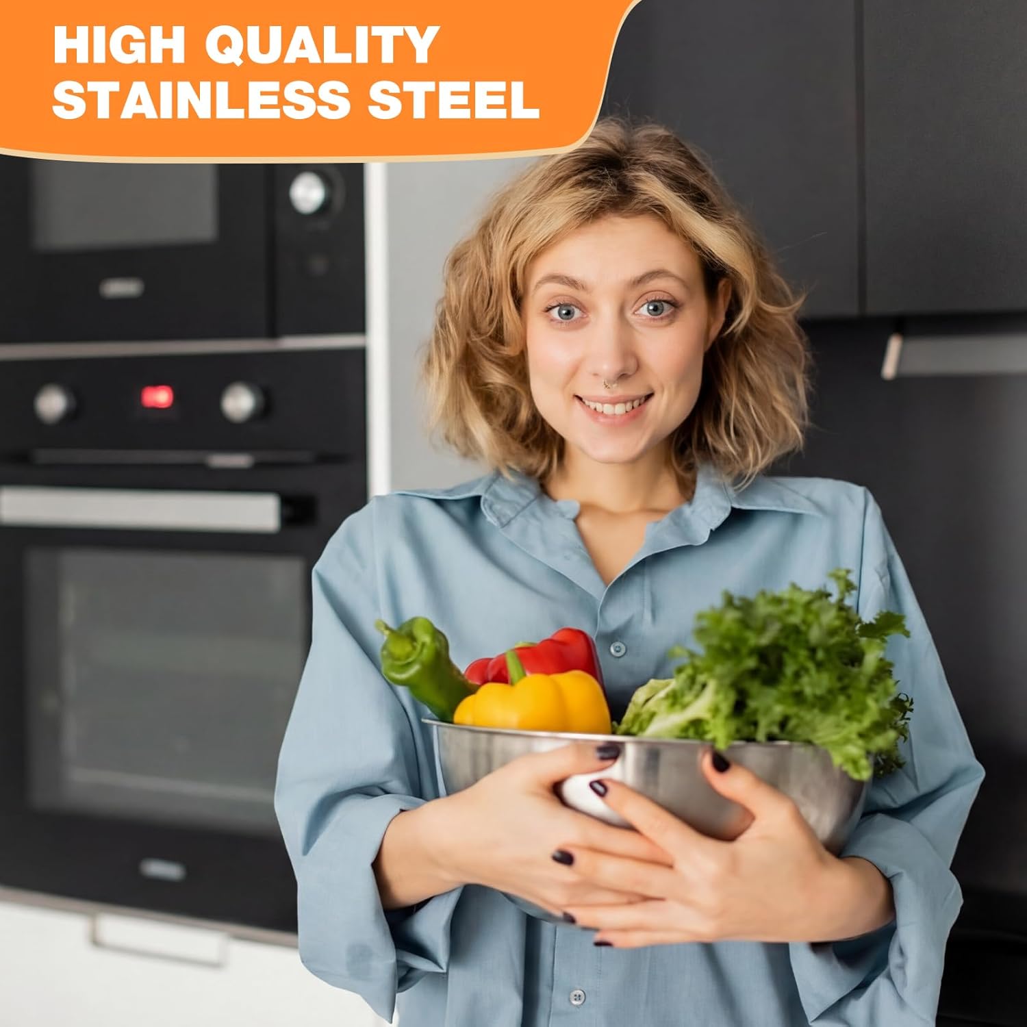 Domensi Stainless Steel Mixing Bowls Set - 5-piece Polished Mirror Nesting Bowls 1.25, 2.75, 4.25, 6.25, 8 Quart Thickened Material Ideal for Kitchen, Cooking, Baking and Storage, Deep