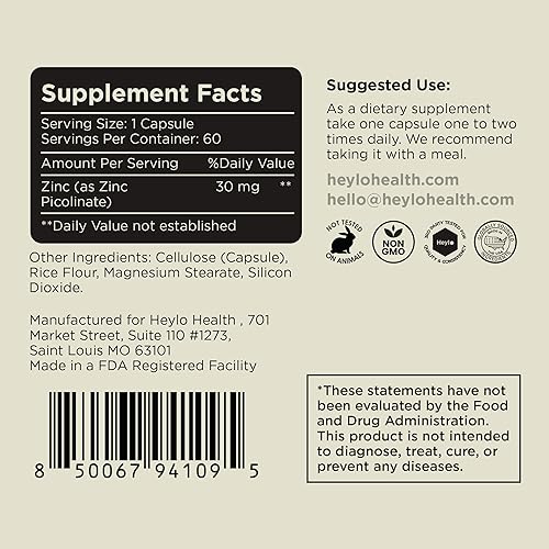 Miniatura 3 de Heylo Picolinato de Zinc 30 mg  Suplemento de zinc de alta absorción para apoyo inmunológico, salud de la piel, equilibrio hormonal y función