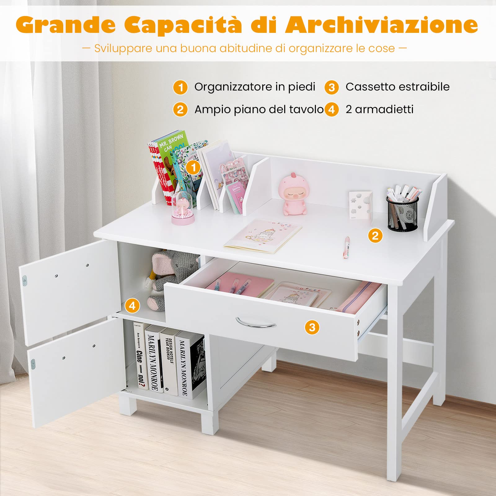 COSTWAY Set di Scrivania e Sedia per Bambini, Scrivania per Bambini con Cassetto e Armadietti, Ideale per Camera da Letto Sala Studio, 90,5 x 46 x 81 cm (bianco)