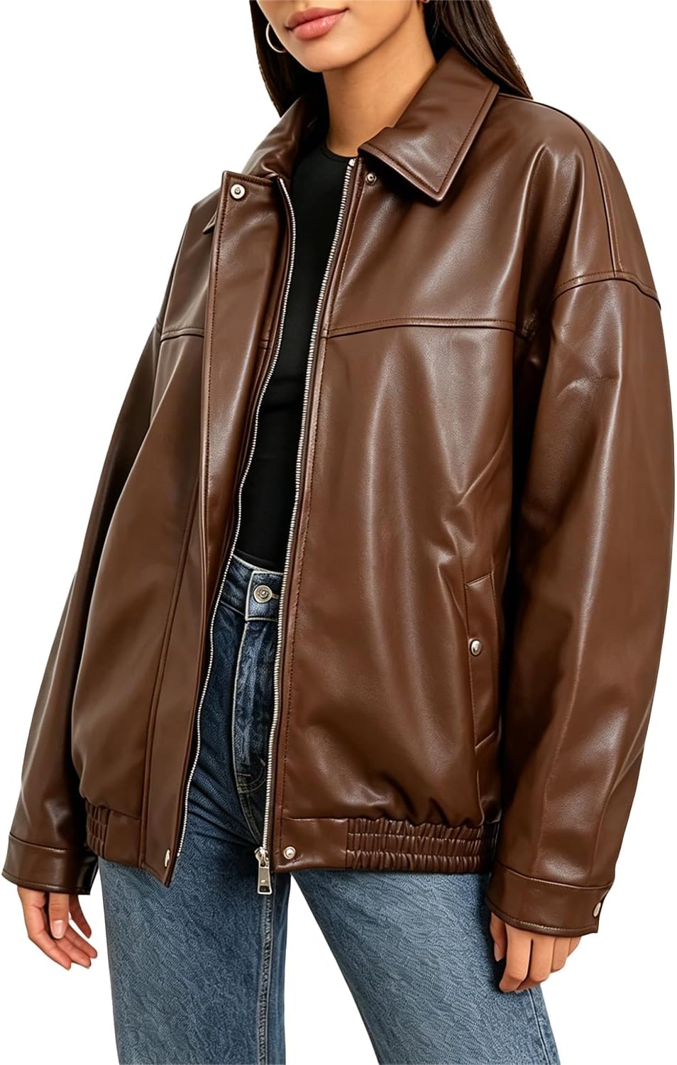 DIASHINY Faux Leather Jacket For Women Moto Biker Zip Up Motorcycle Loose Outwear