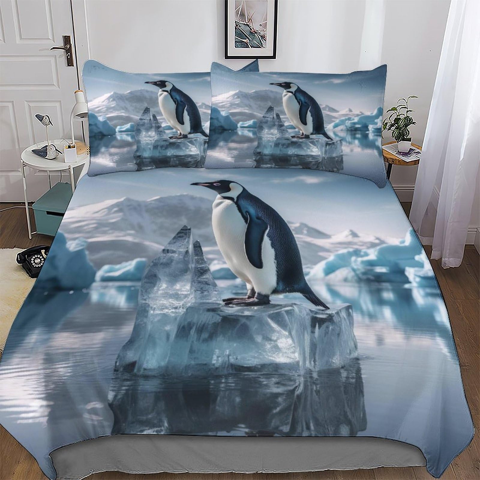 Housse de couette pingouin parure de lit enfant adolescent king linge de lit 3 pièces