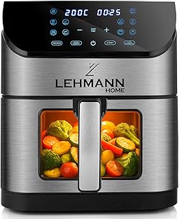 LEHMANN Hot Air Fryer with 8L Basket, 1800 W, Air Fryer with 12 Programmes, Viewing Window, Lighting, Max 200°C, Timer, Touch Display, Non-Stick Coating, Dishwasher Safe, 80% Less Fat