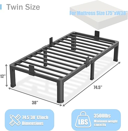 Miniatura 34 de Base de cama de tamaño matrimonial de 18 pulgadas con patas de esquina redondas, tapón deslizante de colchón, plataforma de metal resistente de 3500