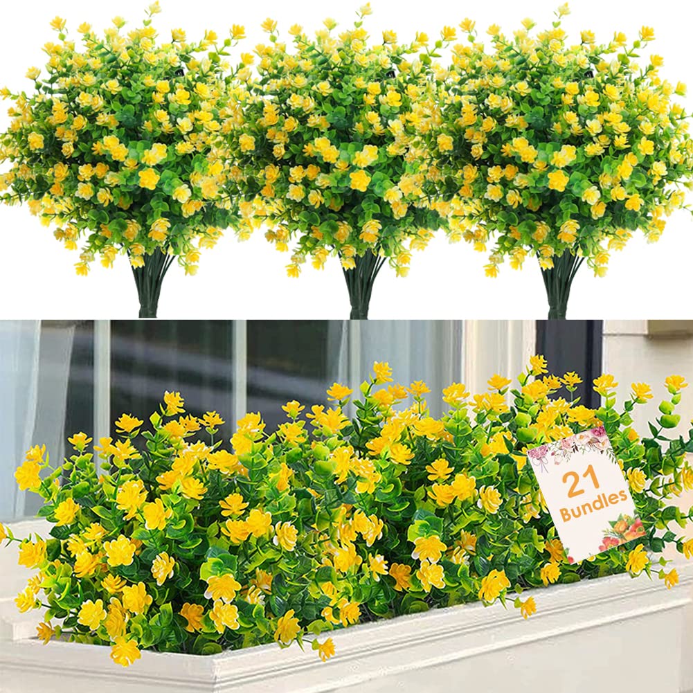 VISVIC Artificial Flowers Outdoor UV Resistant Boxwood Plants Shrubs 21pcs, Fake Flowers Outdoor, Faux Plastic Greenery for Indoor Outside Hanging Planter Home Yard Wedding Farmhouse Decor (Yellow)