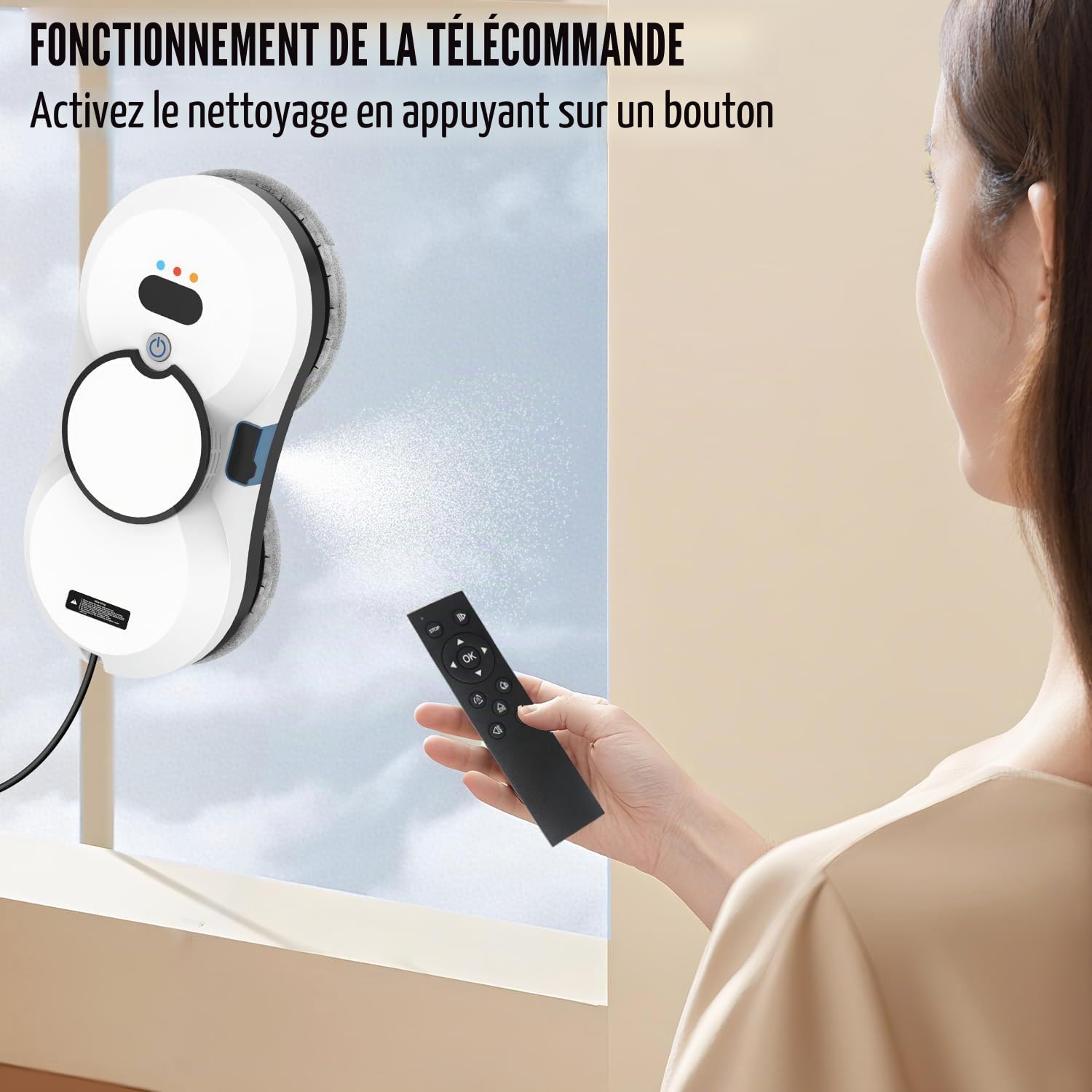 Robot Laveur de Vitre avec Fonction de Pulvérisation, 5600 Pa Laveur de Vitre Automatique, 3 Modes, Réservoir D'eau de 40 ml, Détection de Bords Anti-Chute, pour Fenêtres, Verre, Miroirs, Carrelages