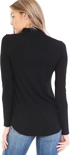 Miniatura 7 de SSOULM Camiseta básica elástica básica de manga larga para mujer, cuello alto, dobladillo curvado, cuello alto, S