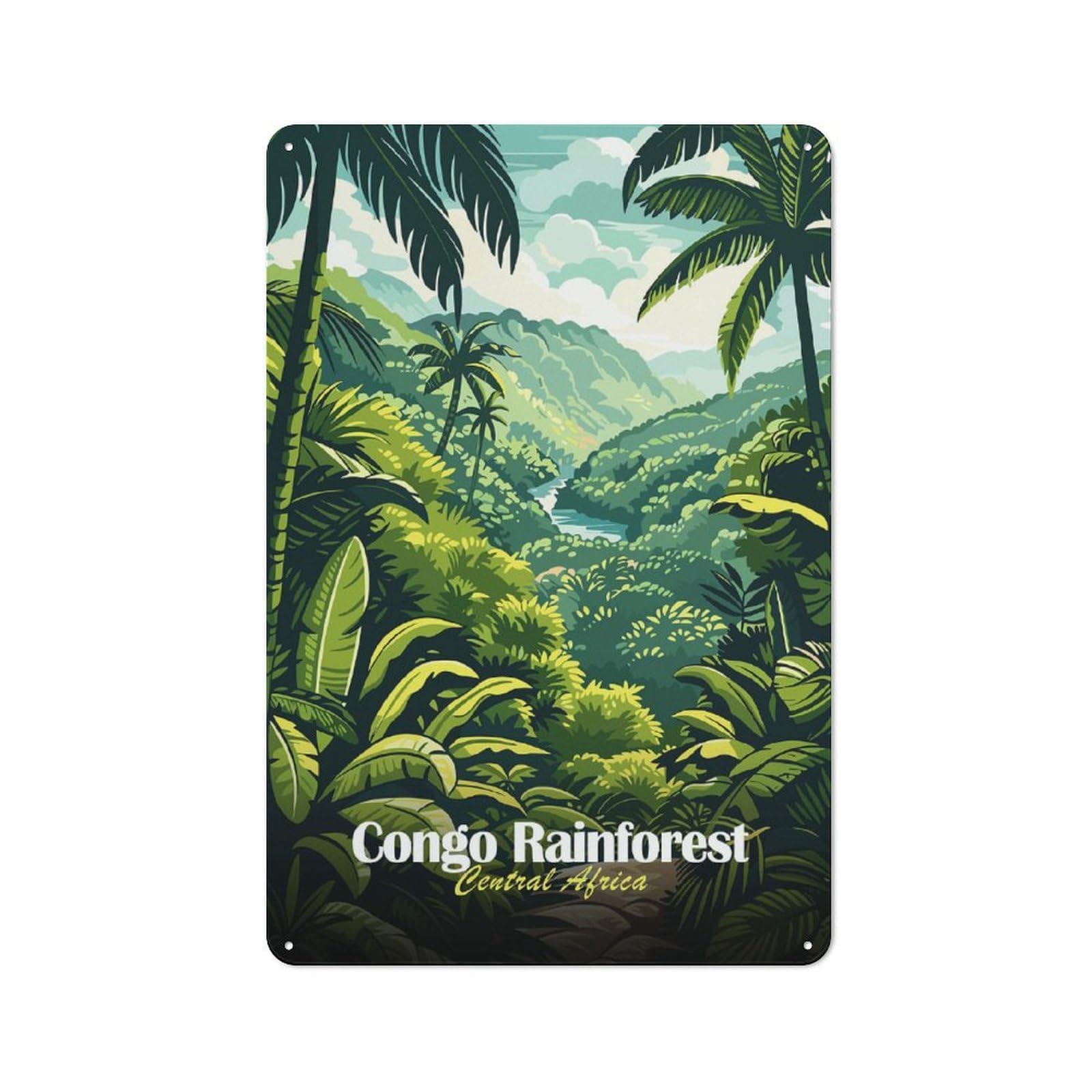 Junmoney Style-11 Congo Rainforest Central Africa Illustration Retro Metal Sign 30X20cm For Home Office Or Studio, Suited To Home Office Decor Fans