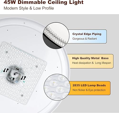 Miniatura 6 de DLLT - Lámpara de techo redonda de cristal de 45 W, moderna lámpara LED regulable cerca del techo, lámpara de techo de 20 pulgadas para dormitorio,