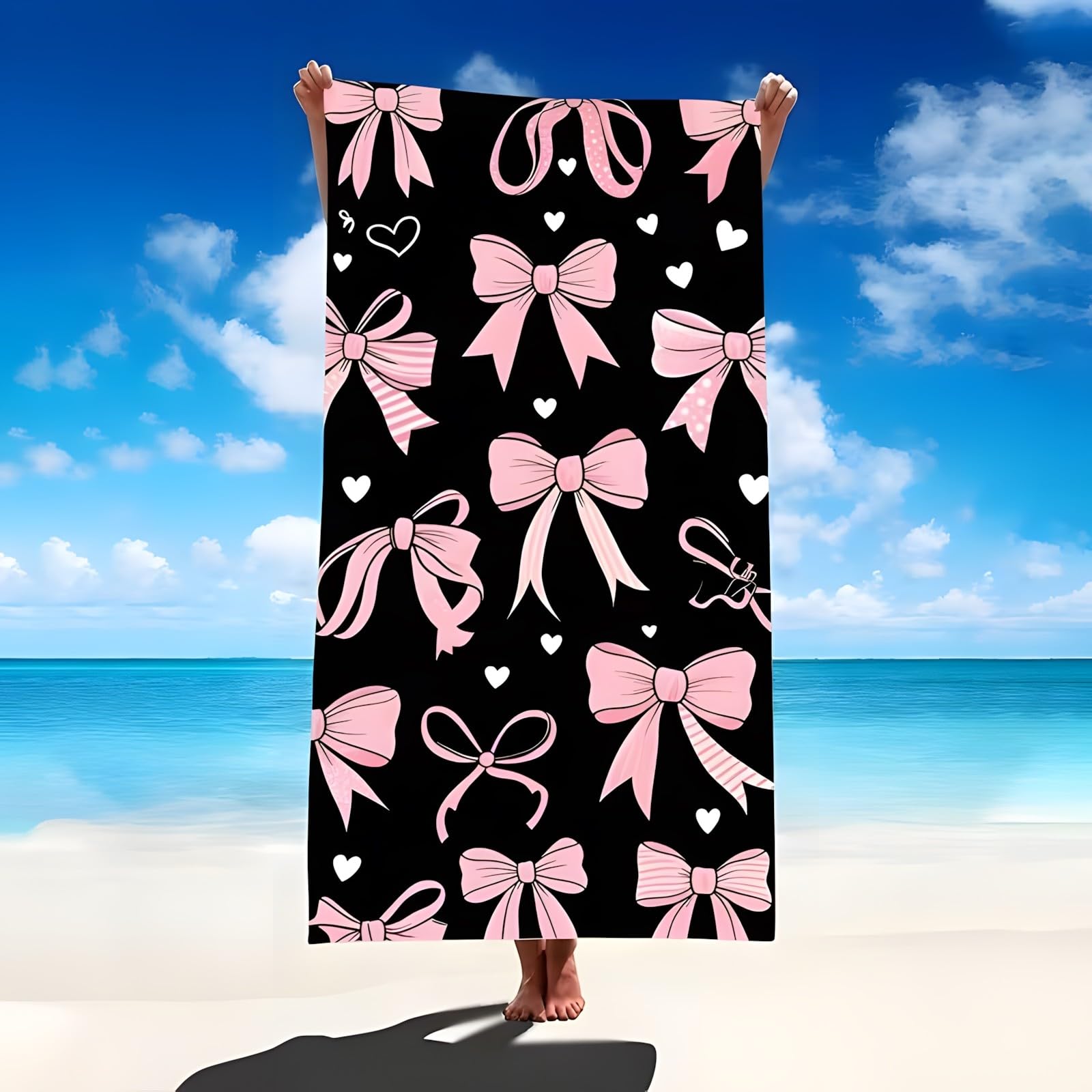 YZQGLHP Bow Microfibre Beach Towel Hearts Beach Bath Towel Quick Drying, Lightweight, Sand-Free, Durable, for Pool, Gym, Camping, Travel Towel 70x130cm