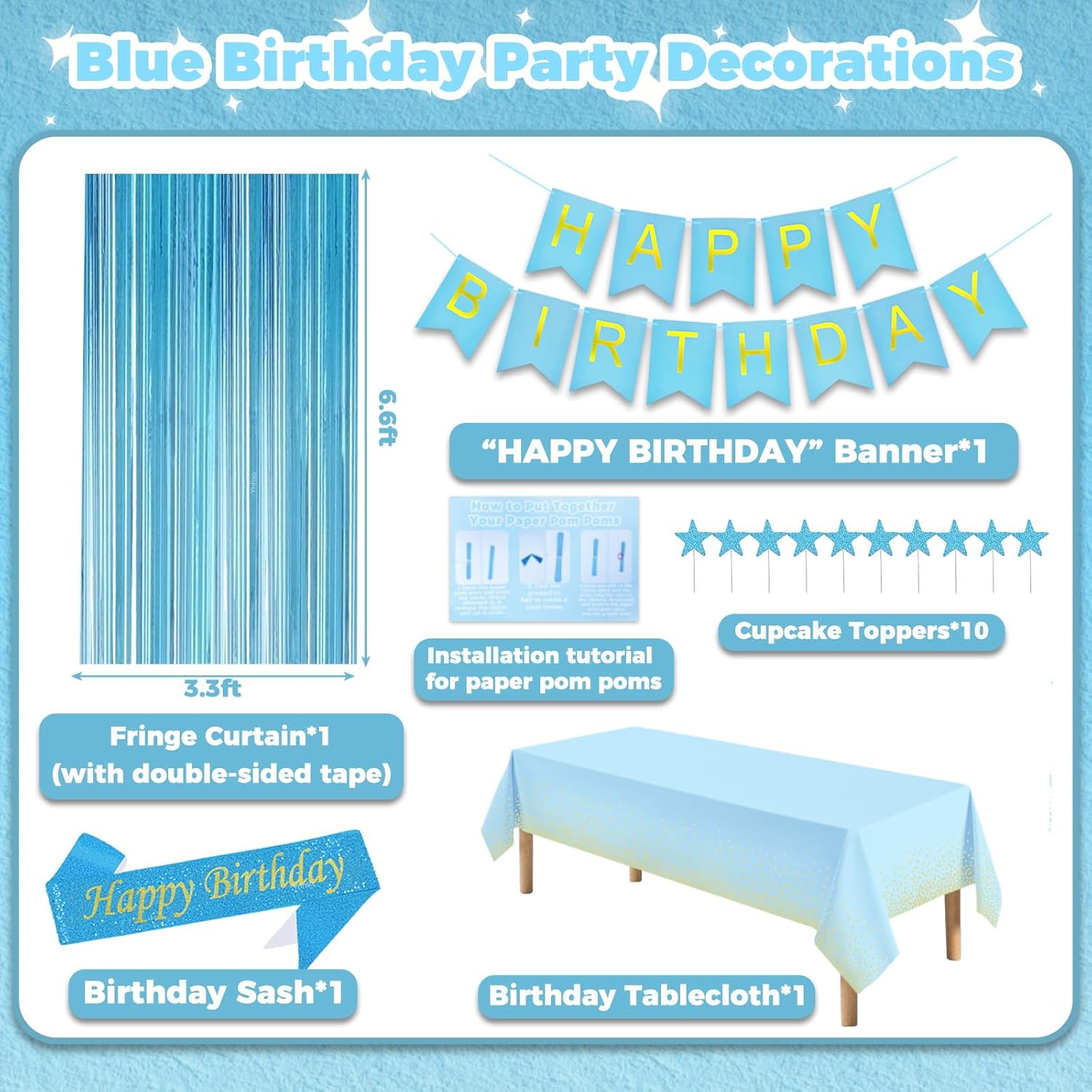 70PCS Blue Birthday Decorations, Birthday Decor Blue, Light Blue Birthday Decorations for Women Men Boys Girls Baby, Balloons, Banner, Pom Poms, Fringe Curtain, Crown, Sash, Tablecloth, Topper, Guide - Image 2