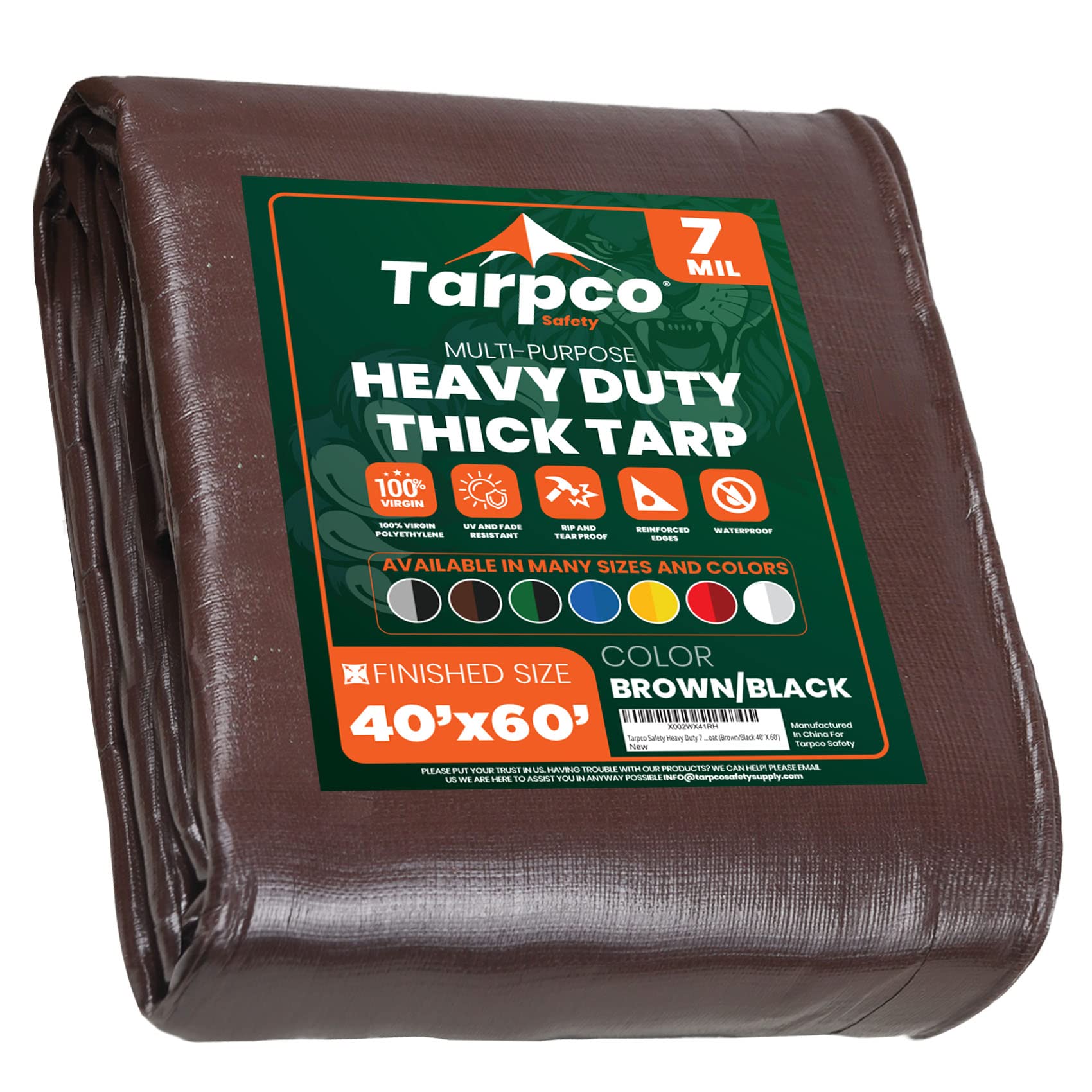 Tarpco Safety Heavy Duty 7 Mil Tarp Cover, Waterproof, UV Resistant, Rip and Tear Proof, Poly Tarpaulin with Reinforced Edges for Roof, Camping, Patio