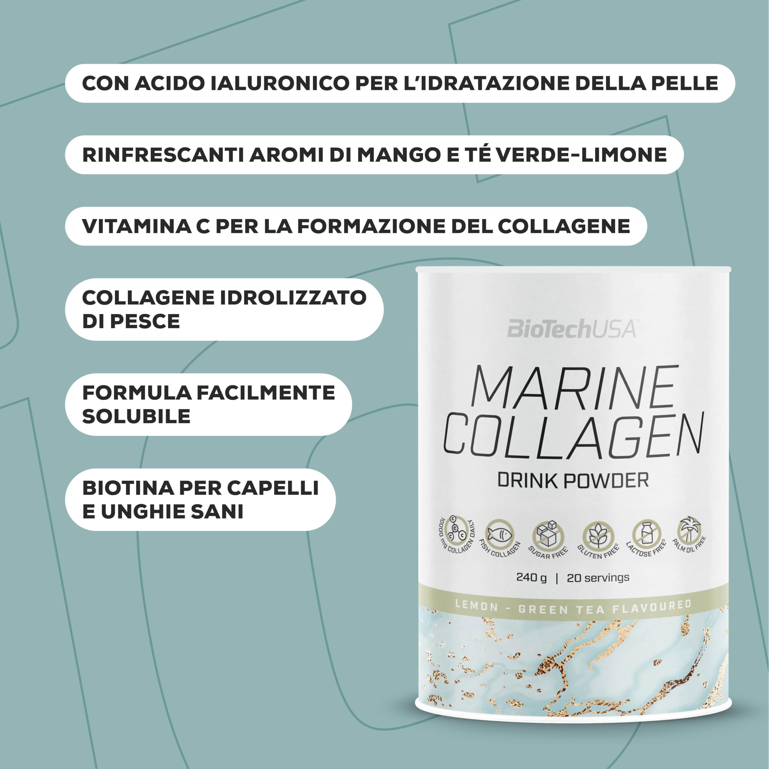 BioTechUSA Marine Collagen | collagene marino con vitamina C | Vitamina C per la normale formazione di collagene | da bere | 240 g, Mango
