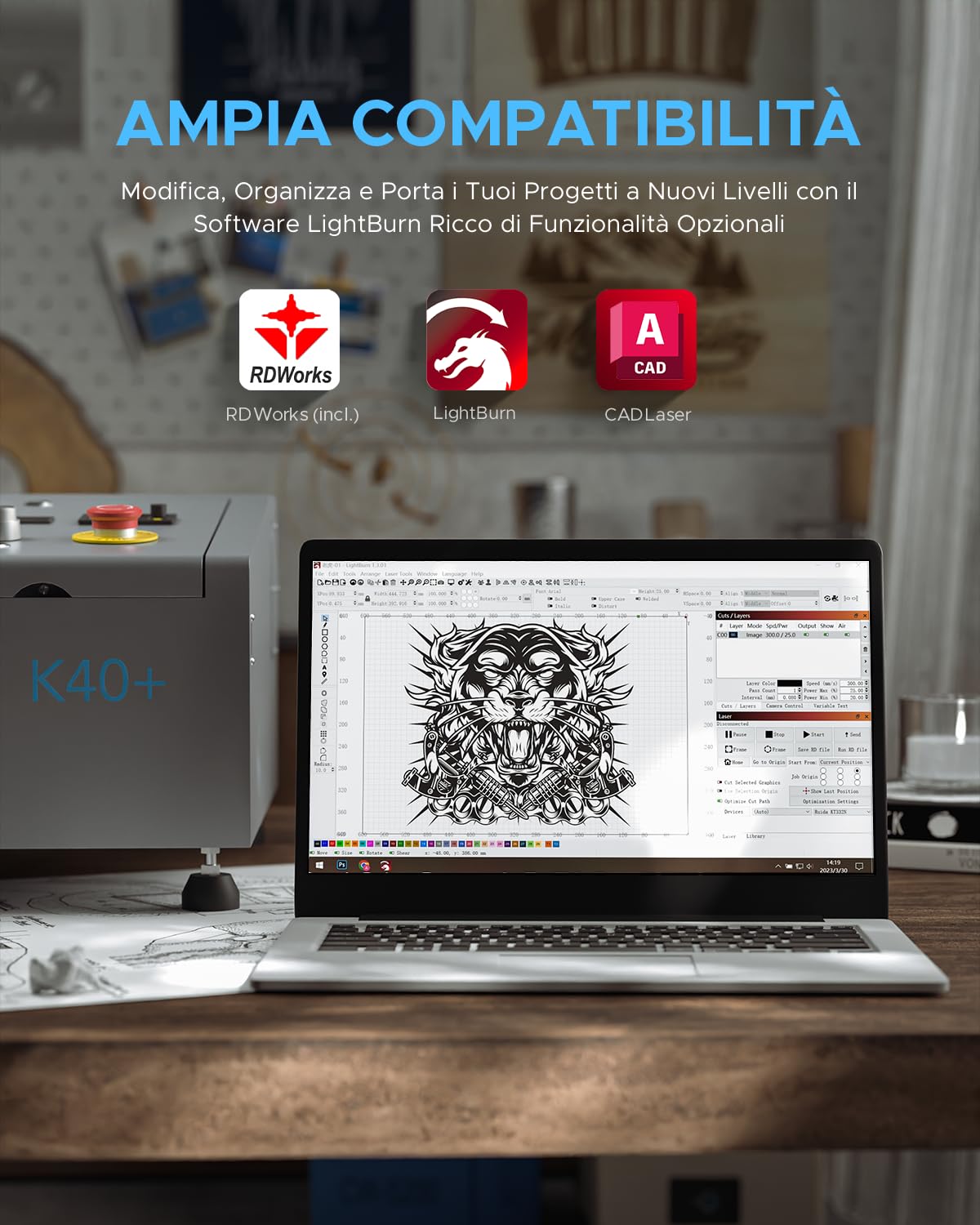OMTech K40+ 40W CO2-Lasergravierer, 8"x12" Desktop-Lasergravurmaschine für den Heimgebrauch mit verstellbarem Laserkopf, 300 * 200mm （with Lightburn）