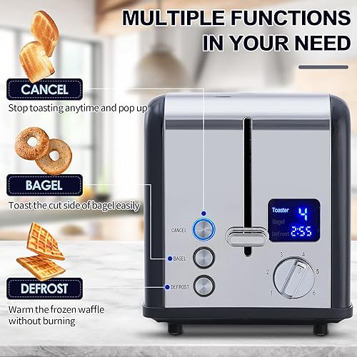 Miniatura 6 de CUSIMAX Tostadora de 2 rebanadas de acero inoxidable con pantalla LED, ranuras extra anchas, 6 ajustes de tostado, cancelarbageldescongelar, bandeja