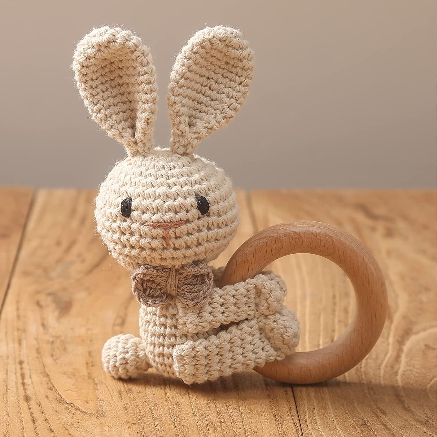 - Wooden Baby Rattle Crochet Fox Baby Toys Handmade Newborn Toy Early Development Grips Stuffed Animal Organic Rattle (Rabbit)
