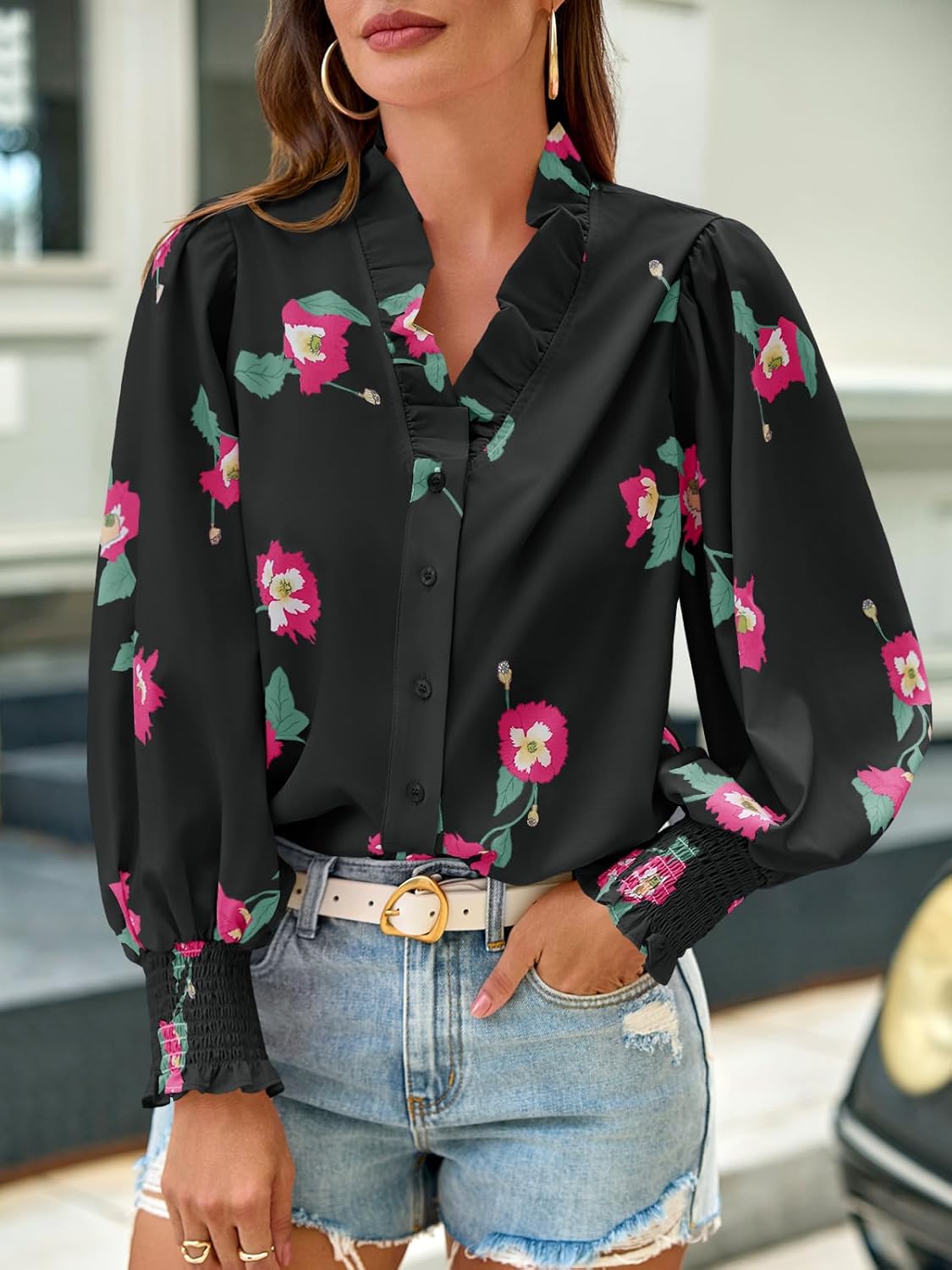 Tankaneo Womens Floral Ruffle Blouses Dressy Casual Long Puff Sleeve Boho Tops V Neck Button Down Shirts - Image 5