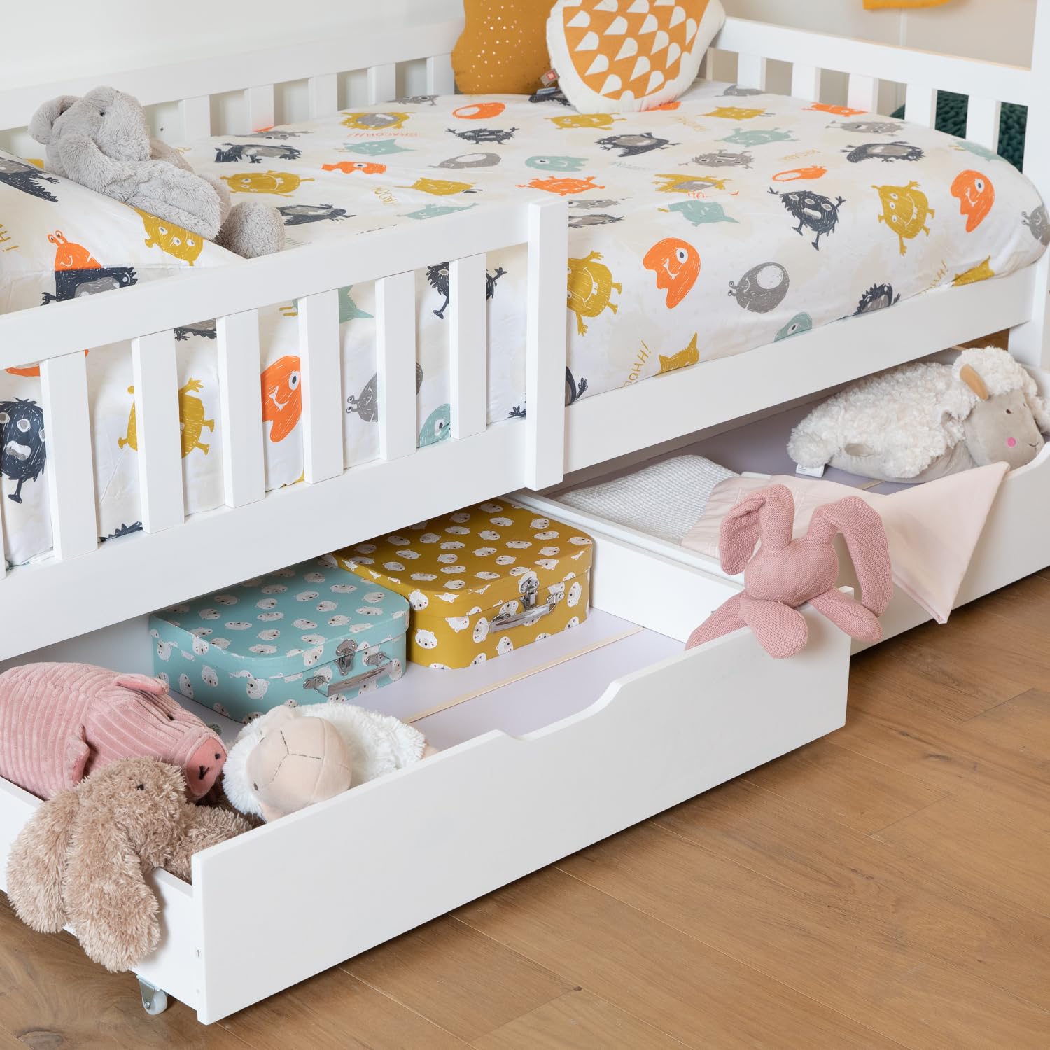 Happy Garden Juego de 2 cajones Blancos para Guardar bajo la Cama, Caja de Madera con Ruedas para Guardar bajo el somier