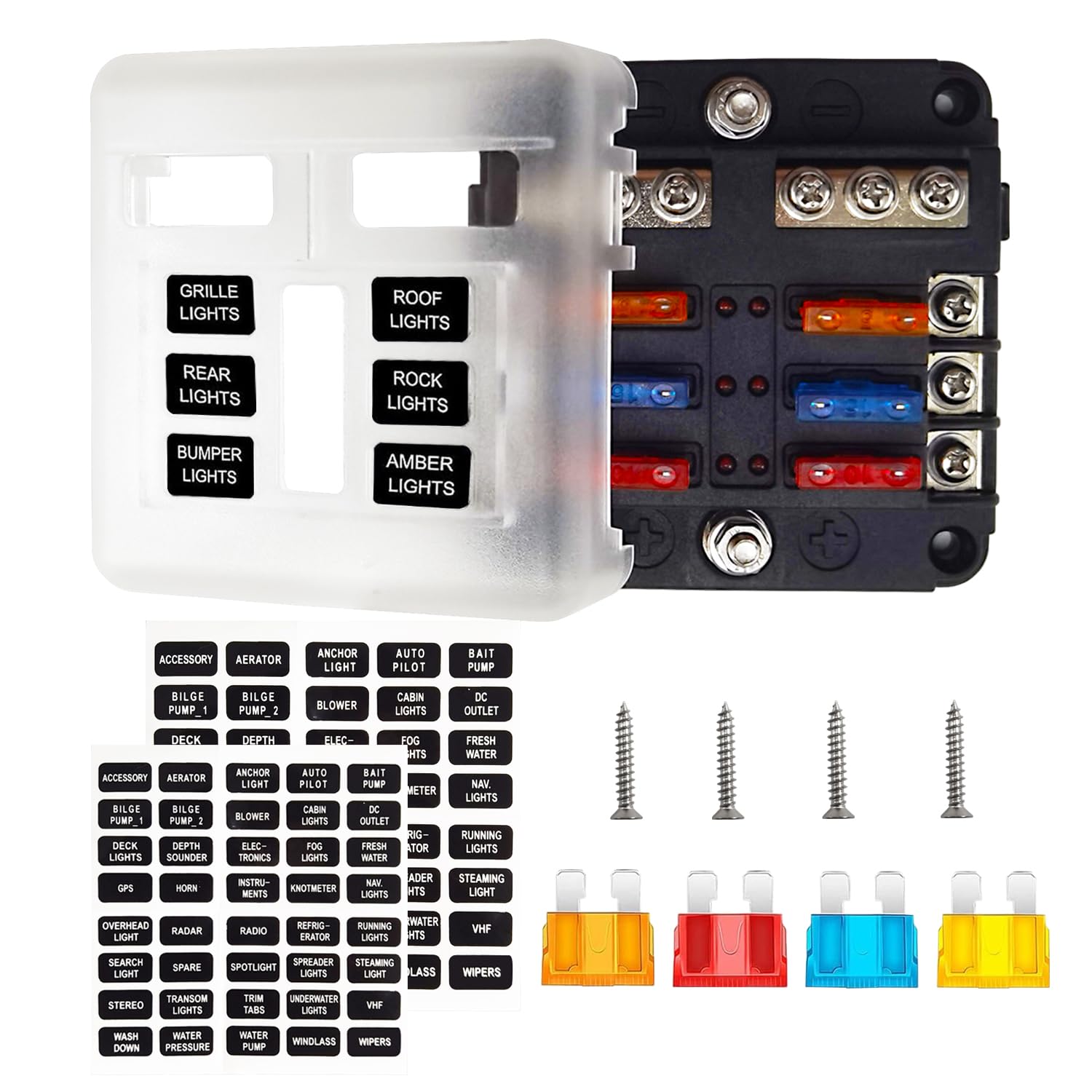 6 Way Fuse Block, 12V Waterproof Boat Fuse Panel with LED Warning Indicator Damp-Proof Cover, 6 Circuits with Negative Bus Fuse Box for Auto Car Marine Golf Cart RV Truck DC 12V-24V, Fuses Included