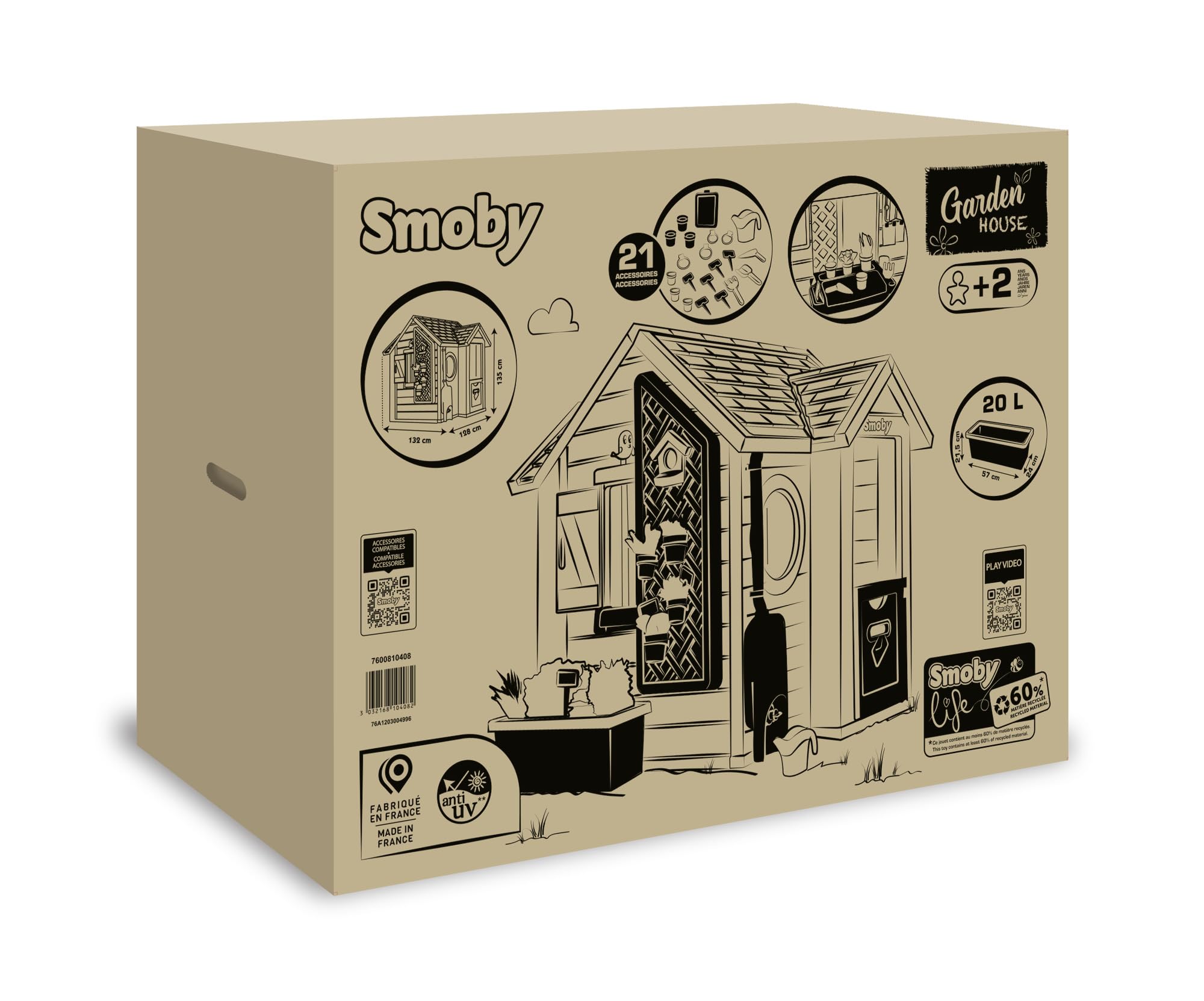 Smoby Life Garten Spielhaus 128x132x135 cm wetterfestes Gartenhaus mit Zubehör für Kinder ab 2 Jahre
