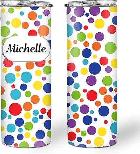 Vaso personalizado de lunares con tapa, 20 onzas, nombre personalizado, fondo de color, acero inoxidable, doble pared, aislamiento al vacío, taza de