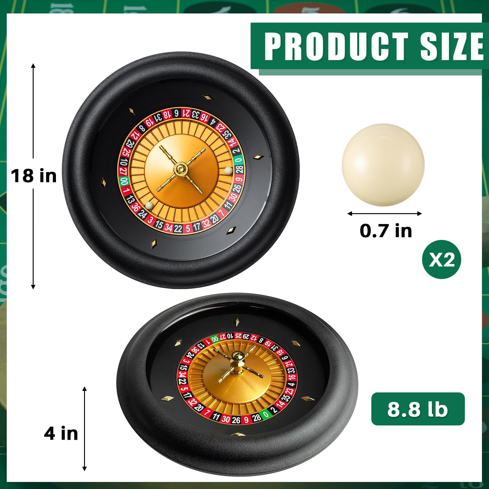 Ruota da roulette lucida Deluxe da 18" in ABS di grado casinò, set di roulette da casinò con ruota da roulette con layout doppio zero con 2 palline da roulette per giochi domestici notturni o uso