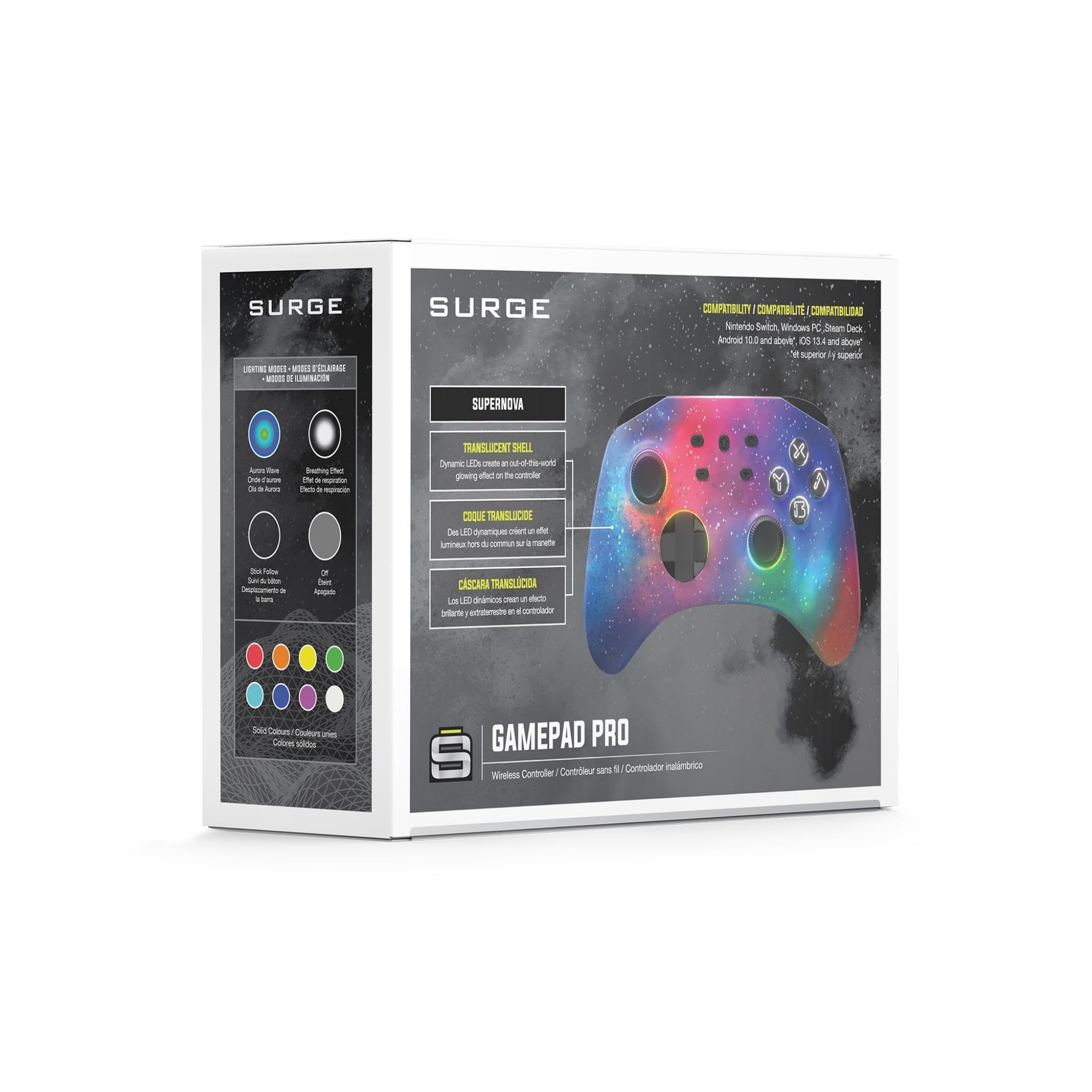 Surge Gamepad Pro (Supernova) - Controlador Bluetooth multiplataforma, compatible con Nintendo Switch, Windows PC, Steam Deck, Android e iOS, botones programables, vibración de retumbo, luces LED