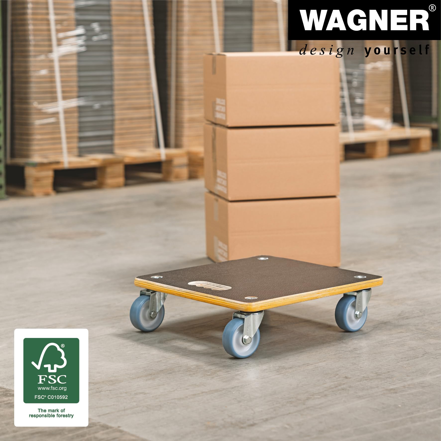 WAGNER Transportroller Transporthilfe 1340 I Schichtholz mit Grip I 38 x 38 x 11 cm, Tragkraft 300 kg I Möbelroller für Umzug I Rollbrett Softrollen I Schwerlastrollbrett Tragegriff I FSC®I Made in DE