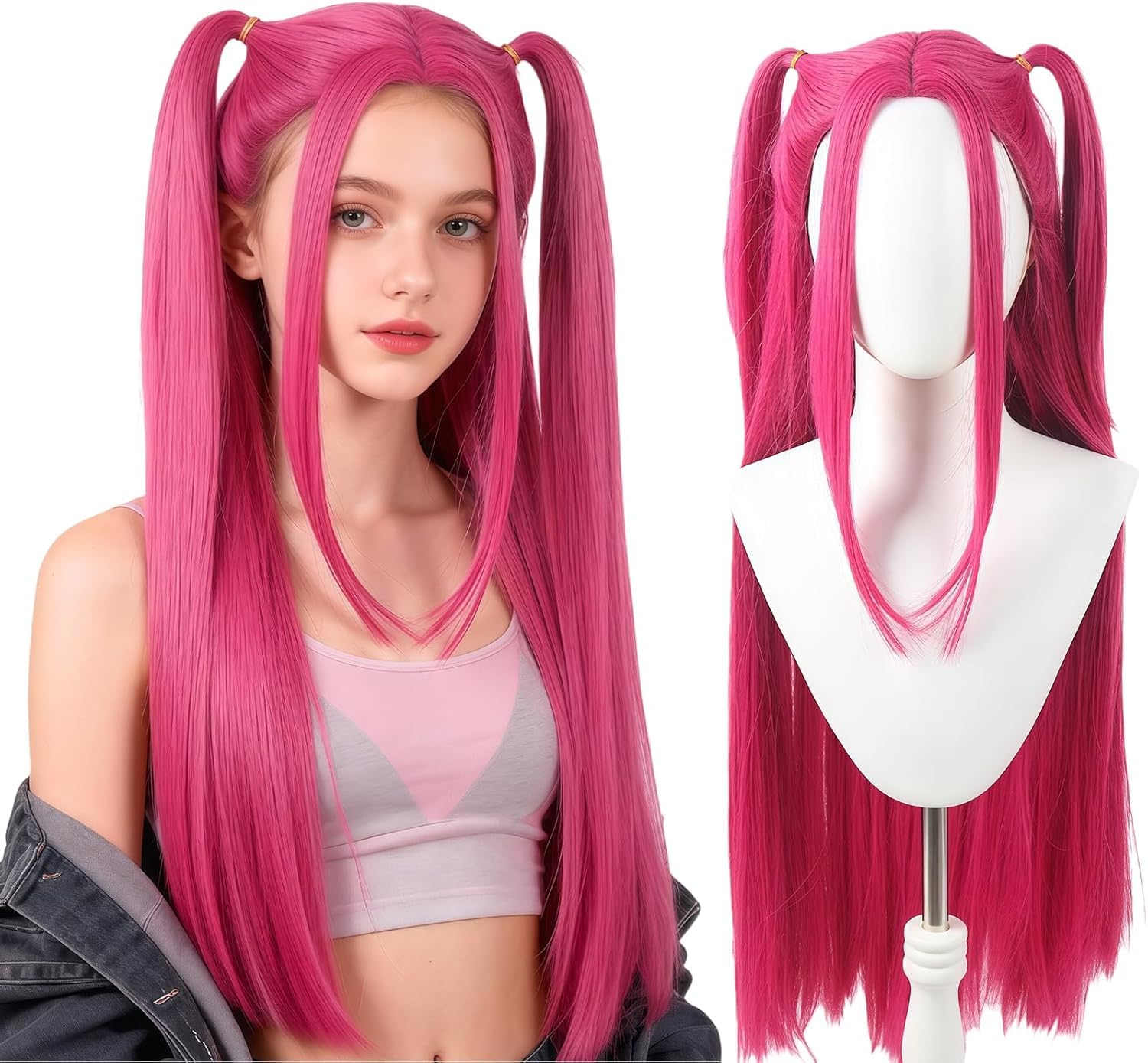 Wanna Party Kpop Demon Hunters Mira Pink Wig for Women | Long Straight Synthetic Costume Wig with Adjustable Cap | Bright Pink Hair Wig for Cosplay, Anime, Halloween, Parties & Fancy Dress Use-image-38