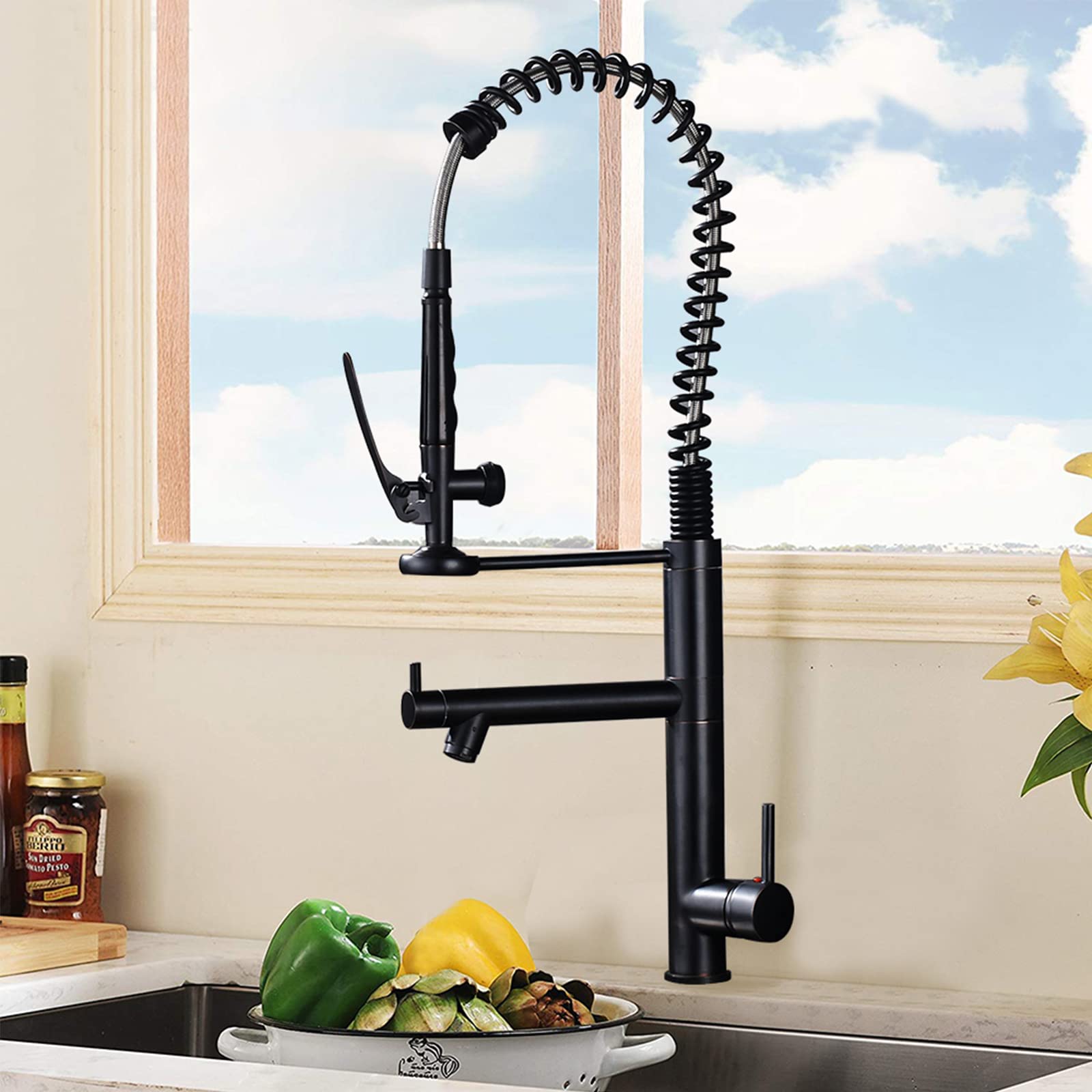 Robinet de cuisine à tirette noir mat monotrou pour évier moderne