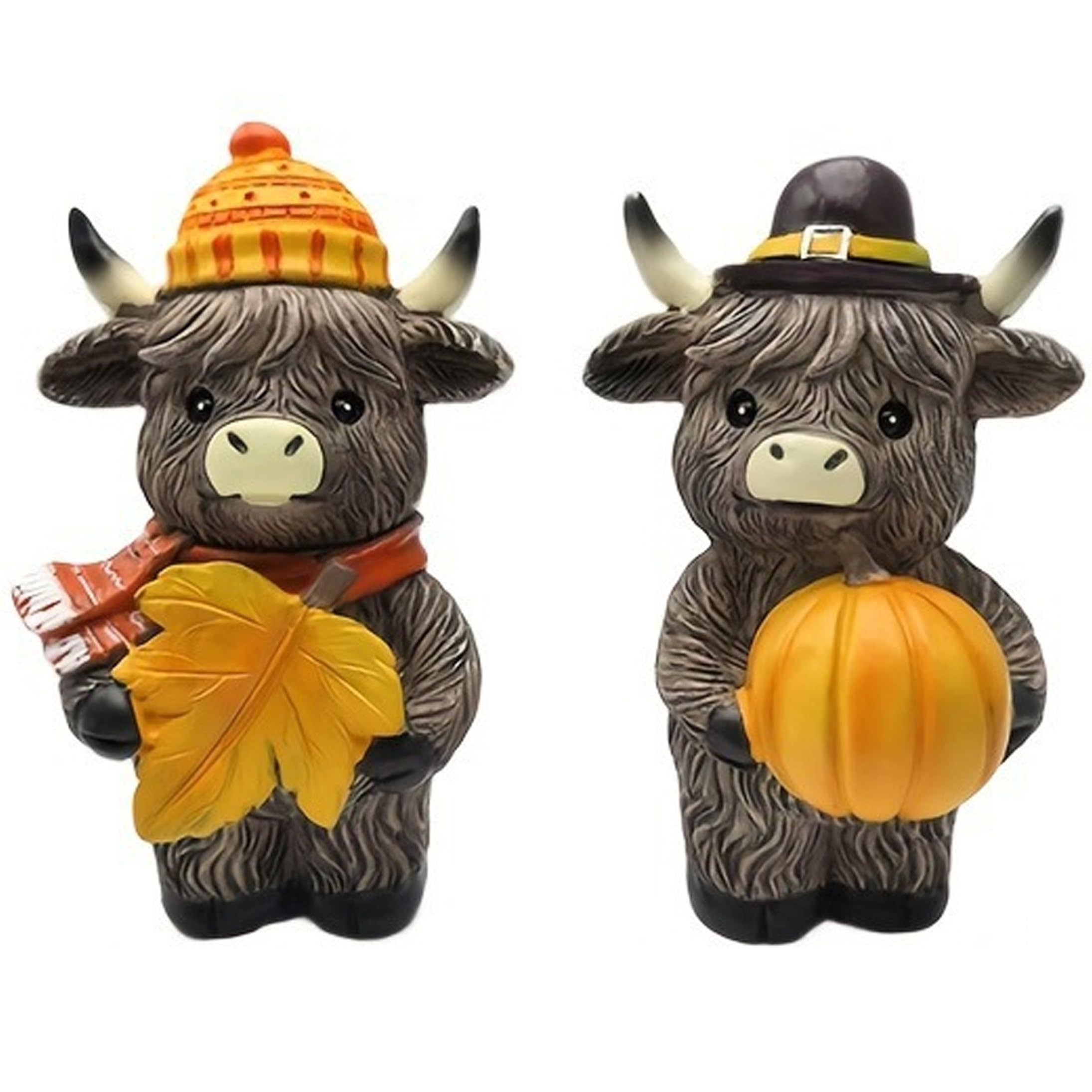Monwssoe 2 Pcs Highland Cow Figurines, Halloween Home Decor With Maple Leaves & Pumpkins, Small Resin Desktop Decor