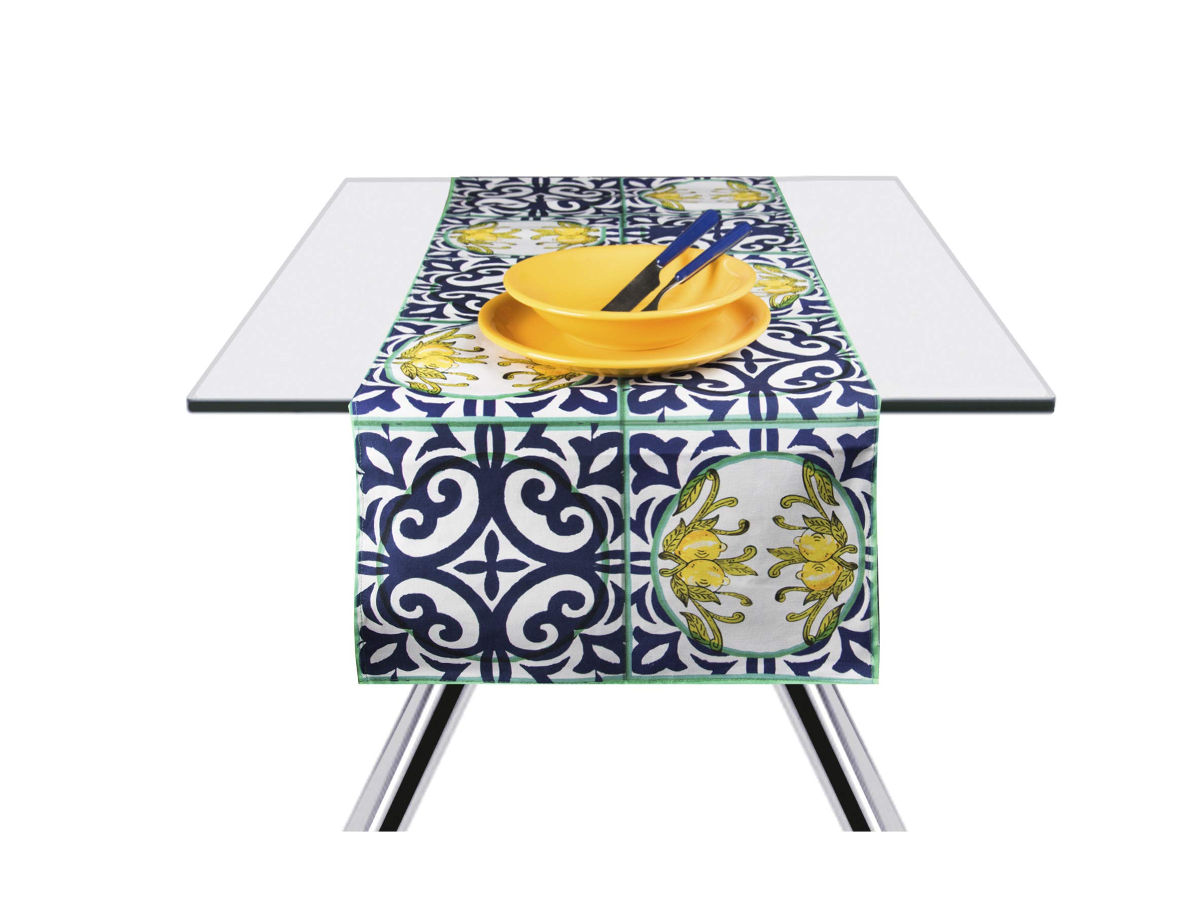 Excelsa Amalfi Tischläufer, 100% Baumwolle, Gelb und Blau, 45 x 140 cm