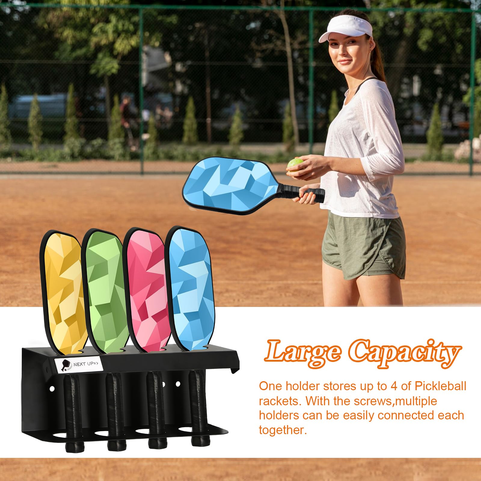 Pickleball Schlägerballhalter für 4 Paddel, Pickleball-Paddelhalter mit Etikett, um die nächsten Spieler zu verfolgen, Pickleball-Paddelhalter, Zaun, Wandhalterung, hängende Aufbewahrung, Outdoor,
