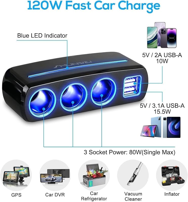 Linkstyle 120W autós szigarettagyújtó adapter 3 aljzat 2 USB port LED lámpával