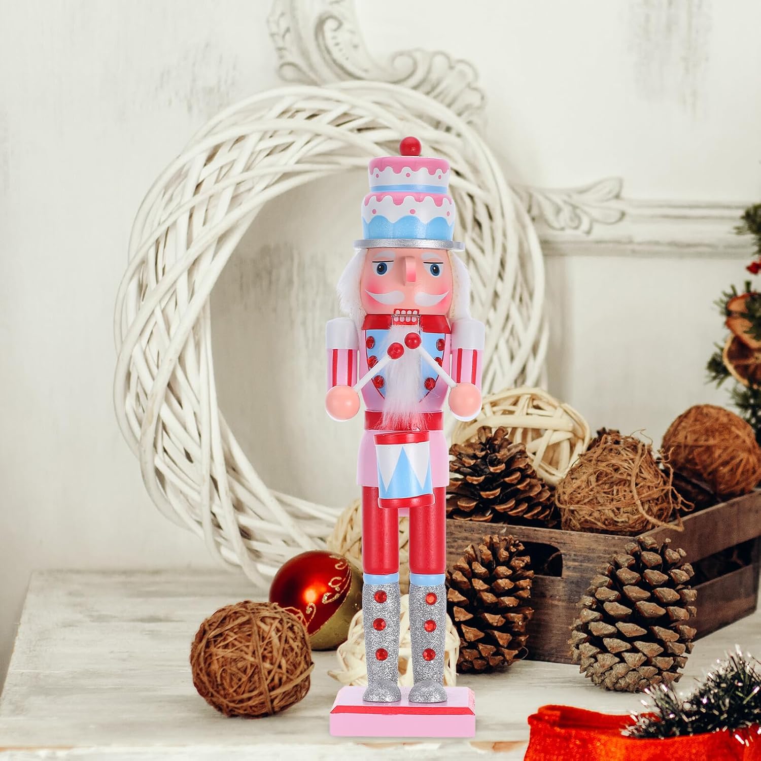 UKCOCO Pink Wooden Nutcracker Figurine Cake-top Hat, Tabletop Christmas Decor for Holiday Party and Home Display
