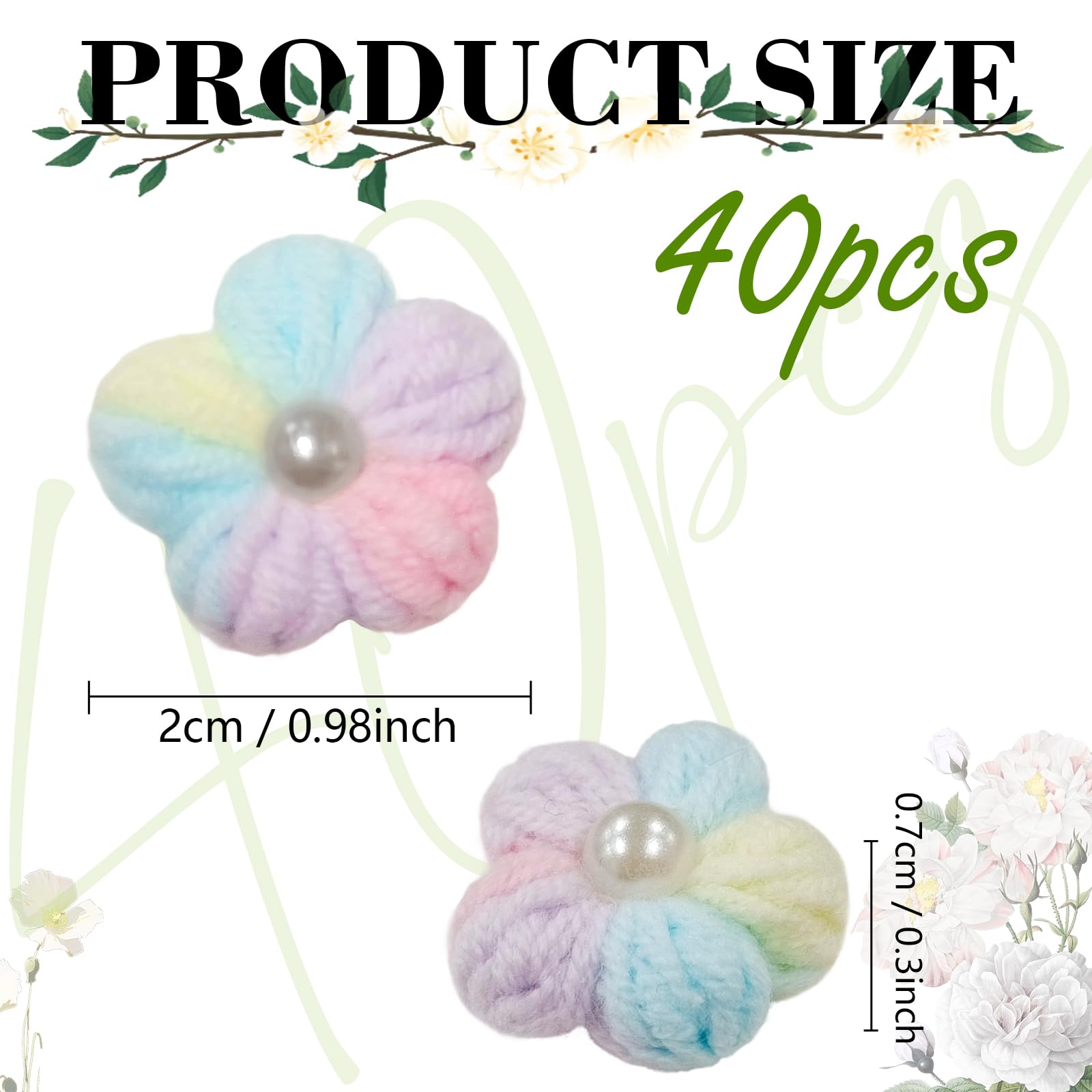 Knitted Flower Patches,Crochet Flowers Applique,40pcs Handmade Floral Sew on Patches,2cm DIY Appliques Embellishments with Pearl - Image 2
