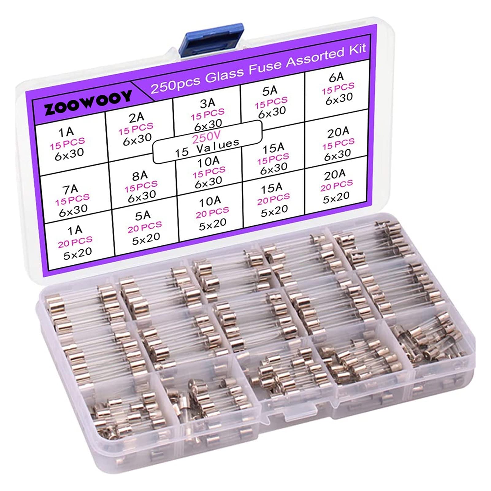 Bezpieczniki 250 sztuk Quick Blow Glass Fuse Assorted Kit V 1 A, 2 A, 3 A, 5 A, 6 A, 7 A, 8 A, 10 A, x 30, 20 mm Tube Fast-Blow Box (250 szt.)
