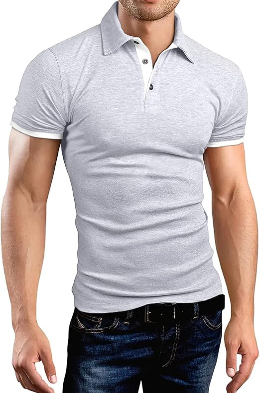 A WATERWANG Men's Short Sleeve Polo Shirts, Slim-fit Cotton Golf Polo Shirts Basic Designed