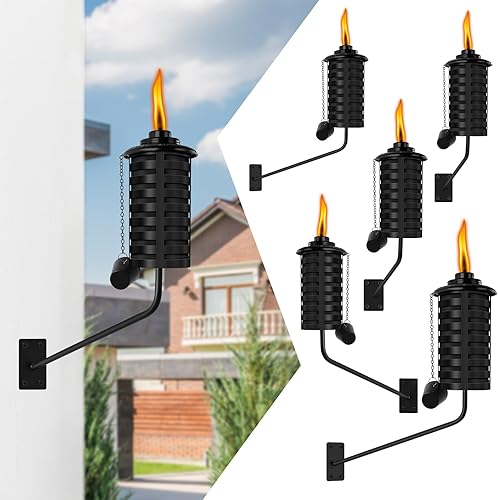 Paquete de 6 antorchas negras de citronela montadas en la pared, 16 onzas, antorchas de metal para exteriores, antorchas de jardín recargables para