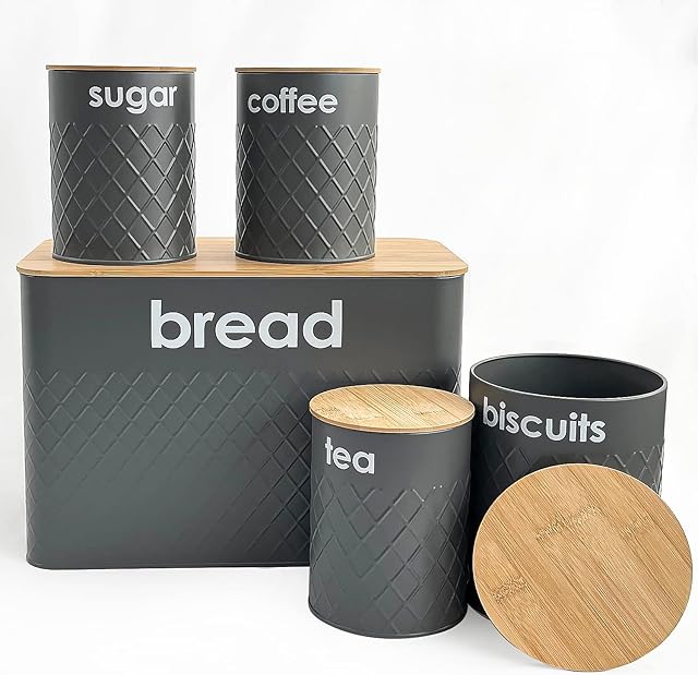 5pc Kitchen Storage Set with Airtight Bamboo Lids Includes Tea Coffee Sugar with Matching Biscuit Barrel Canister Jar & Bread Bin BY Crystals® (Grey)