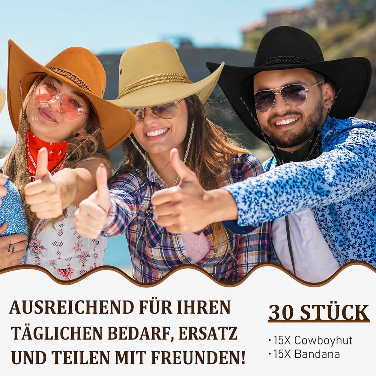 Set di 15 cappelli da cowboy, cappello da cowboy occidentale con 15 bandana per adulti, cappelli da cowboy, cappello da cowboy, costume da cowboy, cappello da festa, costume da cowboy, costume