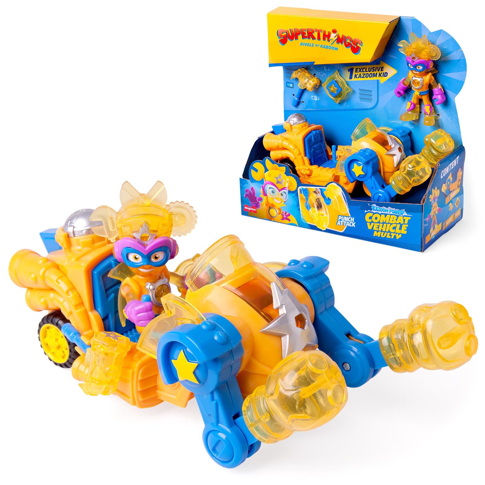 SUPERTHINGS KAZOOM POWER – Combat Vehicle Multy. Kid Multy's combat vehicle from the animated series "Kazoom Power". Contains 1 Vehicle, 1 Exclusive Kid, 1 Weapon, and 1 Accessory