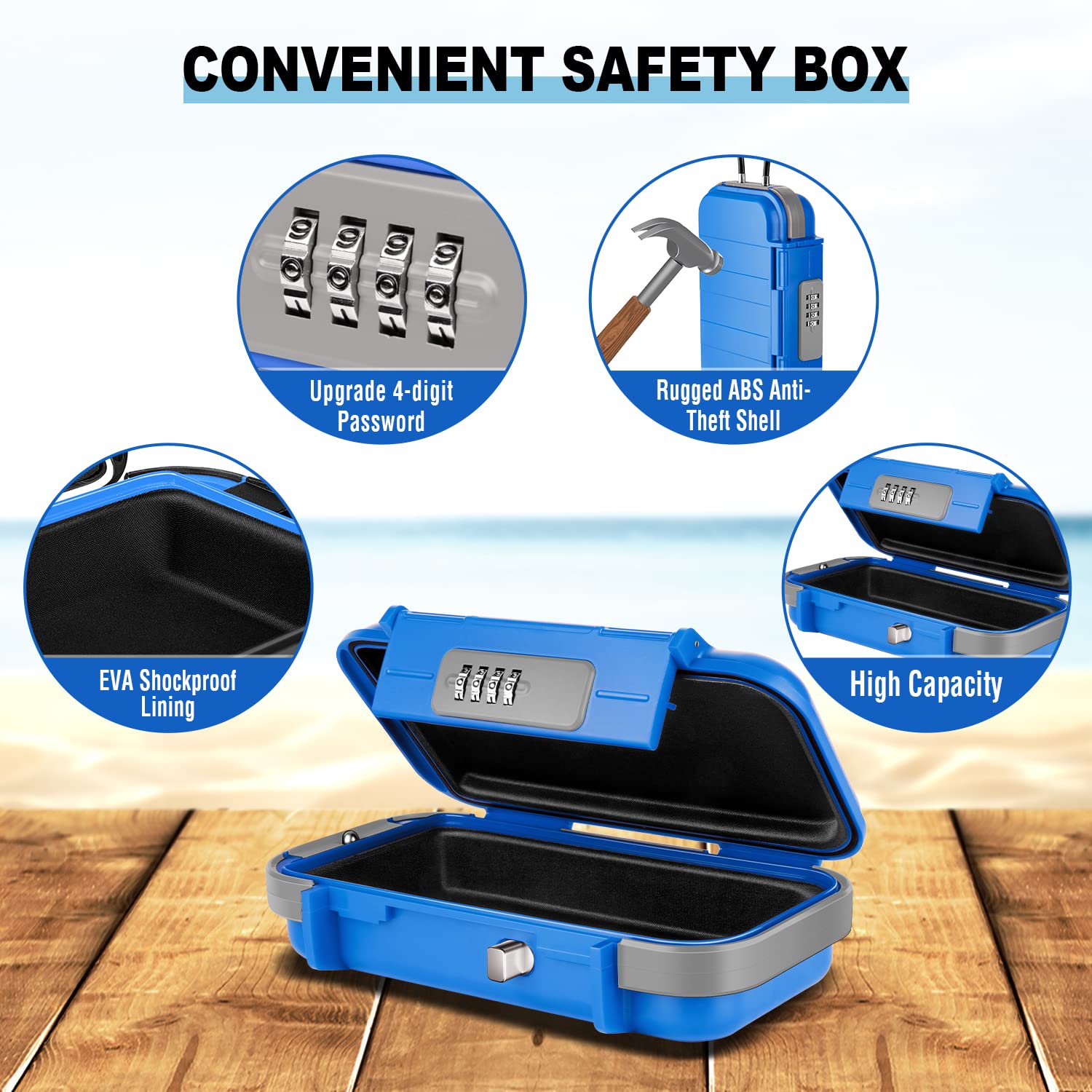 HUANLANG Tragbarer Safe Lock Box mit Zahlenschloss, Mini-Strand, Reisesafe, wasserdicht, klein, abschließbar, mit abnehmbarem Drahtseil, Kombinationssafe für Wohnheim, Reisen, Strand, Zuhause, Büro