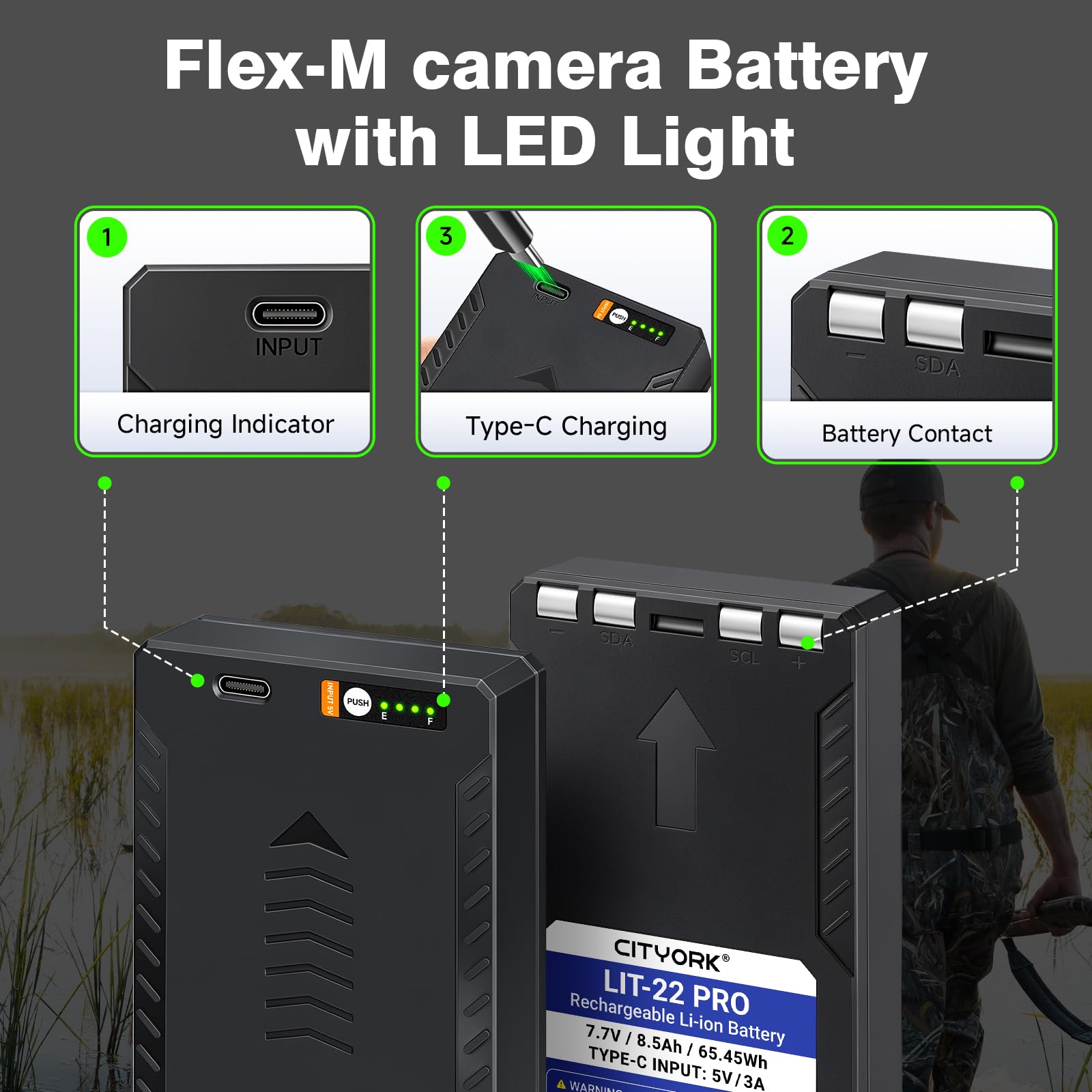 CITYORK Batería recargable LIT-22 Pro de 8500 mAh para cámara de caza LIT-22 Pro Spypoint Flex-M/Flex-S/Flex-G36/Flex-Plus Trail Camera Batería con indicador de carga LED y USB Tipo C (2 unidades)