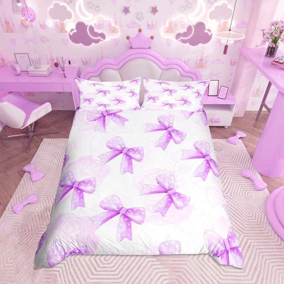 Homemissing Purple Bowknot Duvet Cover Set Single Size For Kids Girls Teens Bedroom Cute Coquette Bow Bedding Set Rose Bow Ribbon Comforter Cover with 1 Pillowcase — image 1